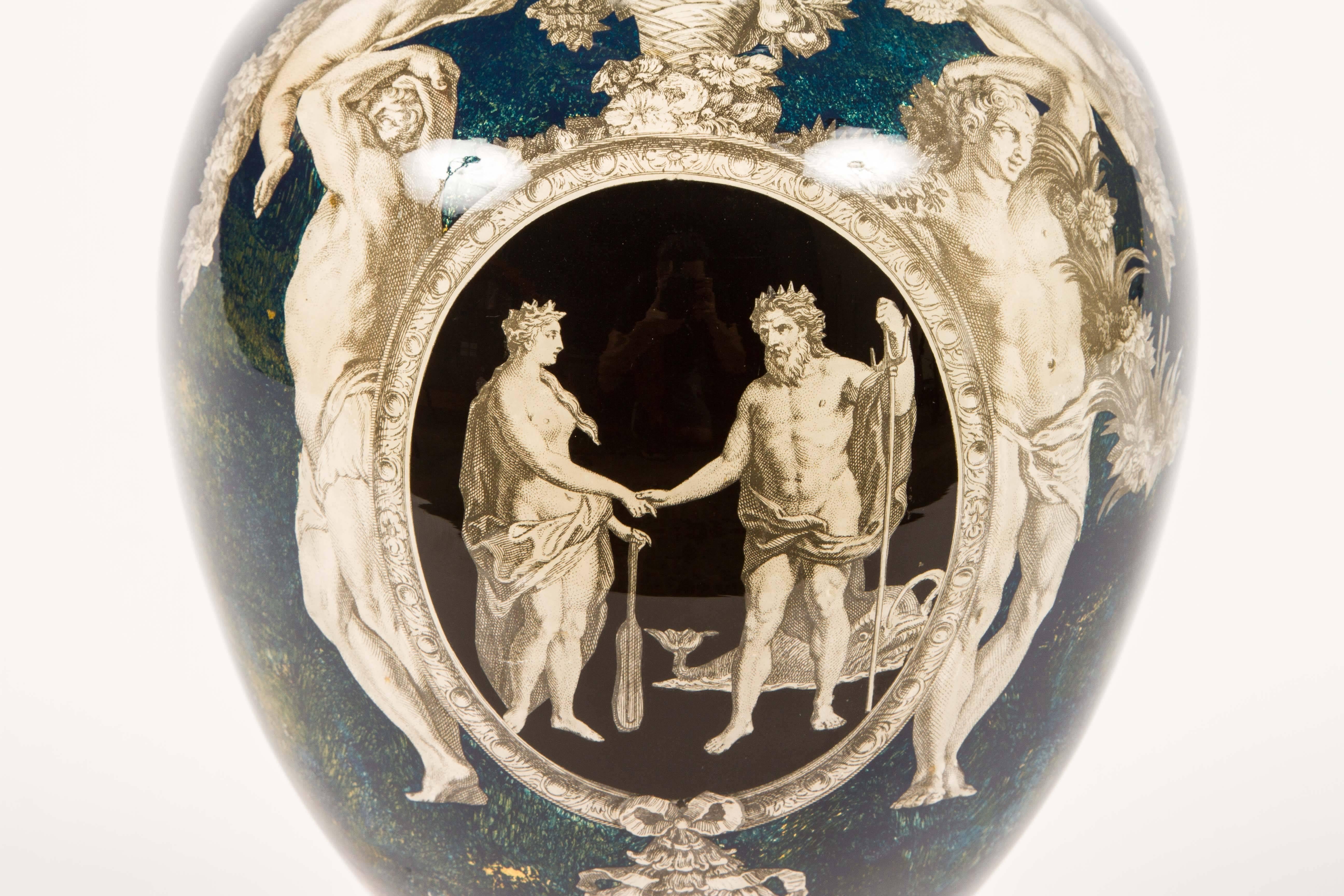 Decoupage glass lamp in the neoclassical style, of urn form, decorated with a central oval medallion depicting Neptune and Venus. No shade. Cord has been cut. Perfect for a side table in a sitting room or atop a bedside table.