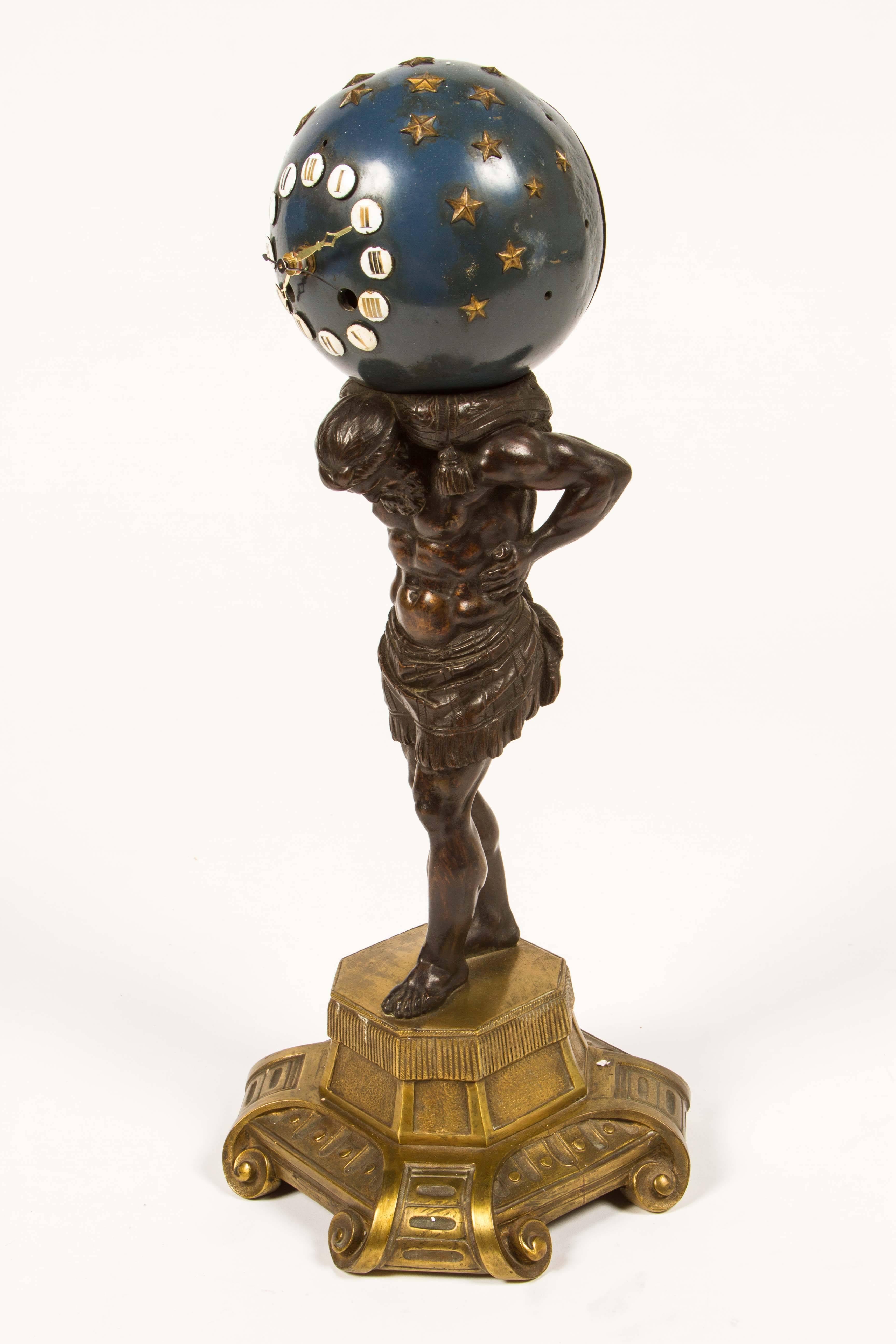 19th Century Bronze and Enamel Clock, Atlas with Globe In Excellent Condition For Sale In Los Angeles, CA