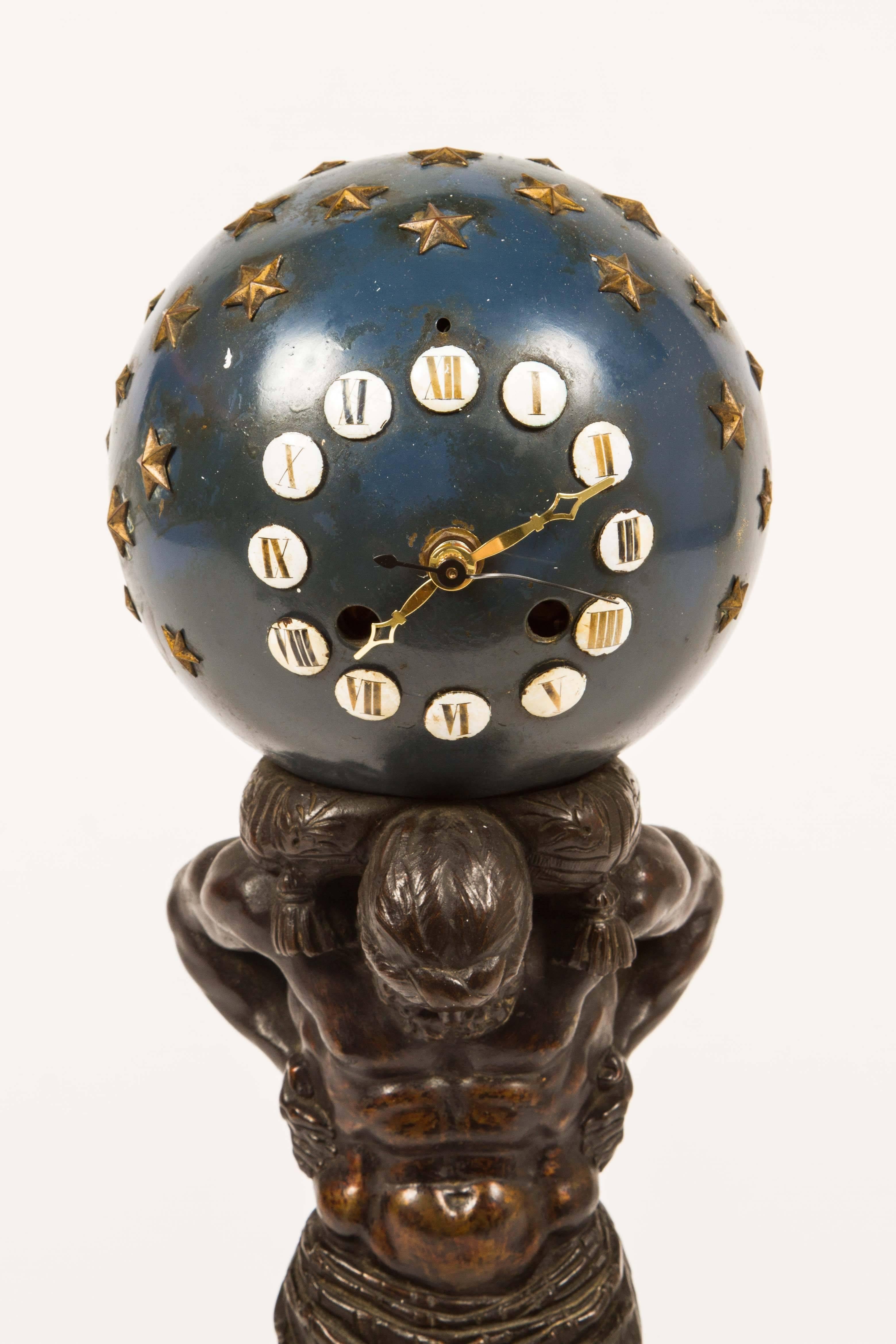 19th Century Bronze and Enamel Clock, Atlas with Globe For Sale 1