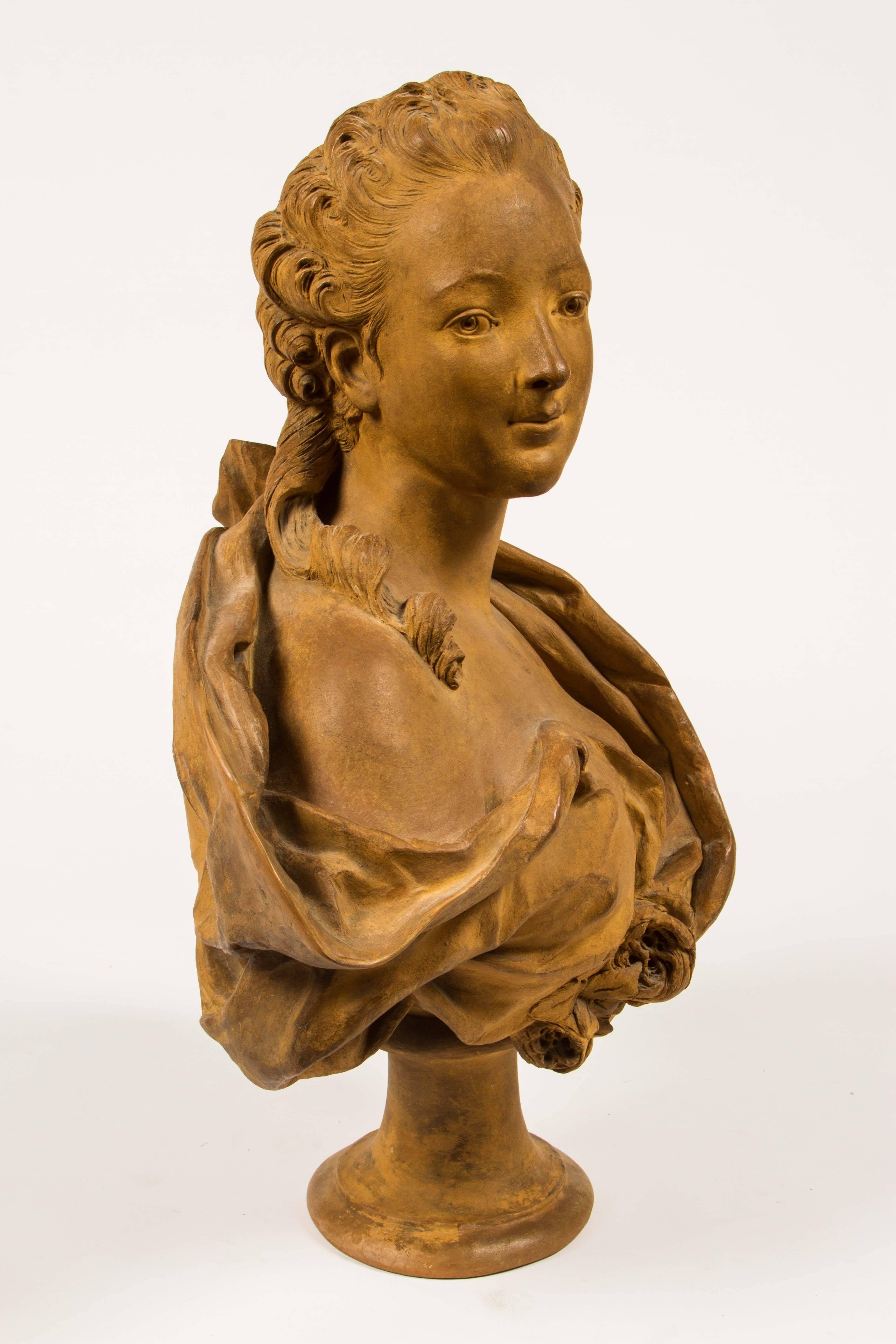 19th Century Terra Cotta Bust of Marie Antoinette after Houdon In Excellent Condition In Los Angeles, CA