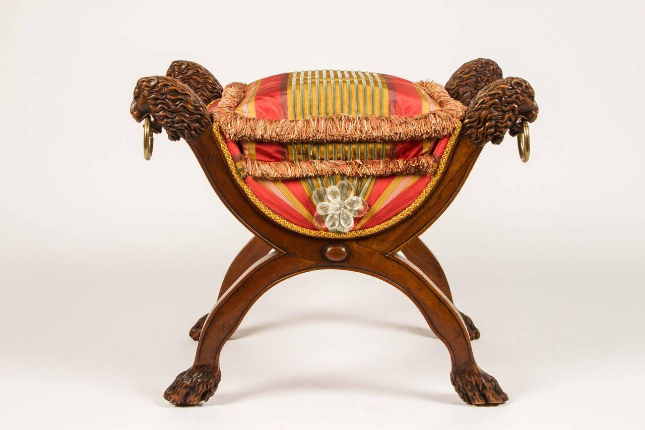 English Regency Era Curule Bench with Carved Lion's Heads For Sale