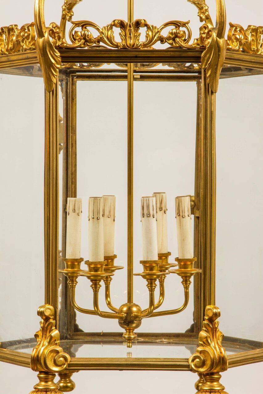 French Gilt Bronze Hexagonal Lantern with Glass Panels 4