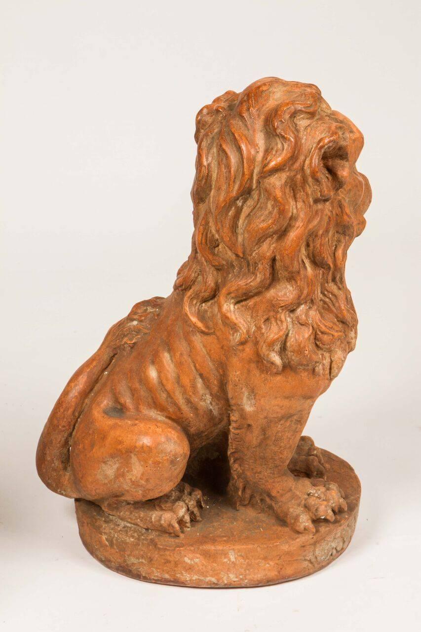 Pair of Baroque Style Terra Cotta Lions In Excellent Condition In Los Angeles, CA