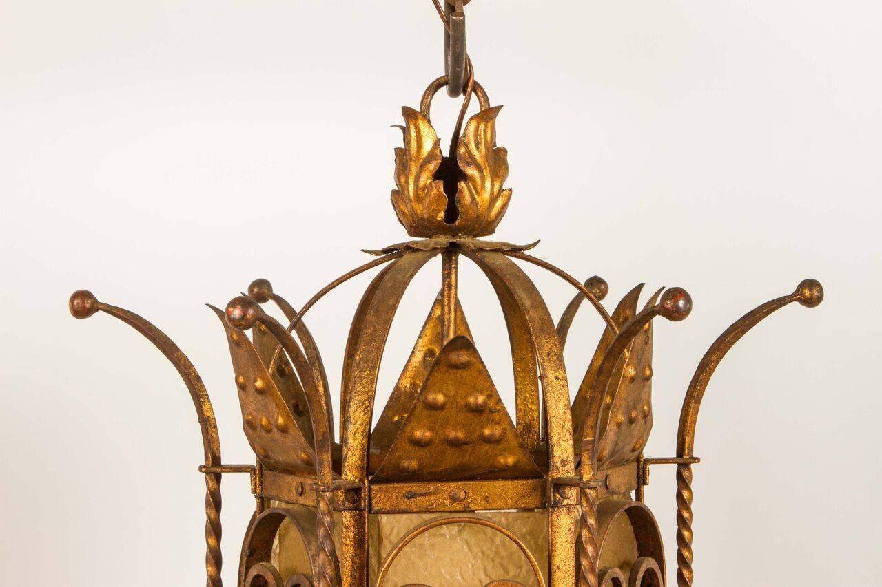20th Century Gilt Lantern with Glass Panels In Good Condition For Sale In Los Angeles, CA