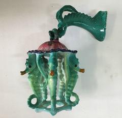 Extremely Rare Pair of Glazed Ceramic Seahorse Lanterns