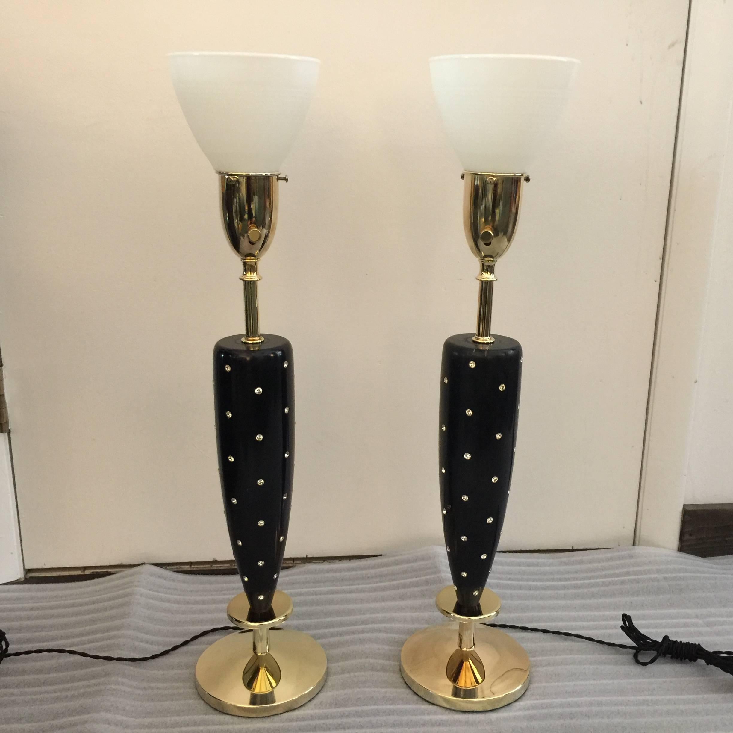 Painted Pair of Mid-Century Rhinestone Studded Lamps by Rembrandt