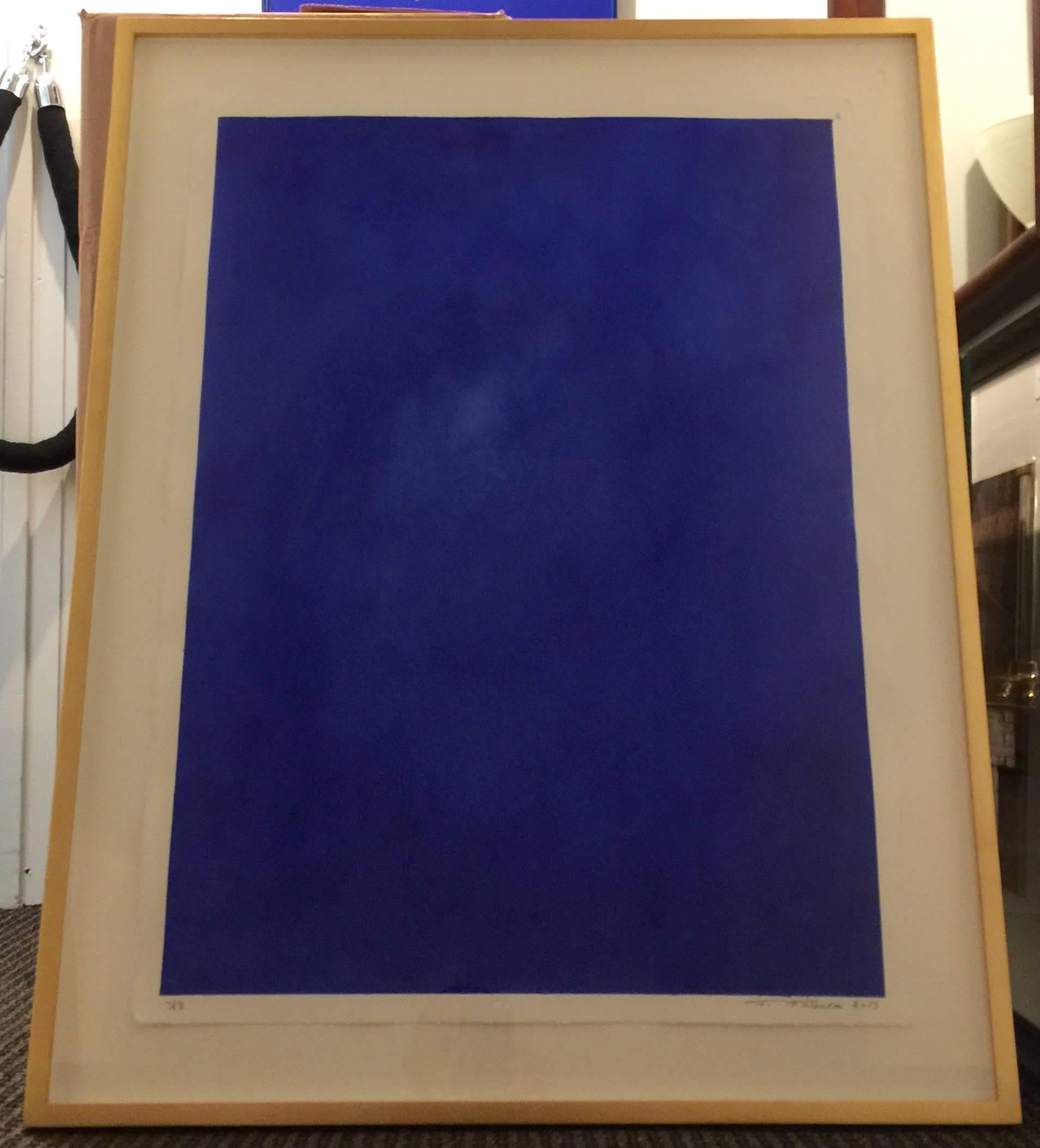 This wonderful acrylic on parchment paper in saturated Yves Klein Bleu by Spanish artist, Francisco Franco. A series of 3, identically framed and numbered 1 through 3 of 3. Each is a VERY subtle variation on the next, rich deep shadowing evokes the