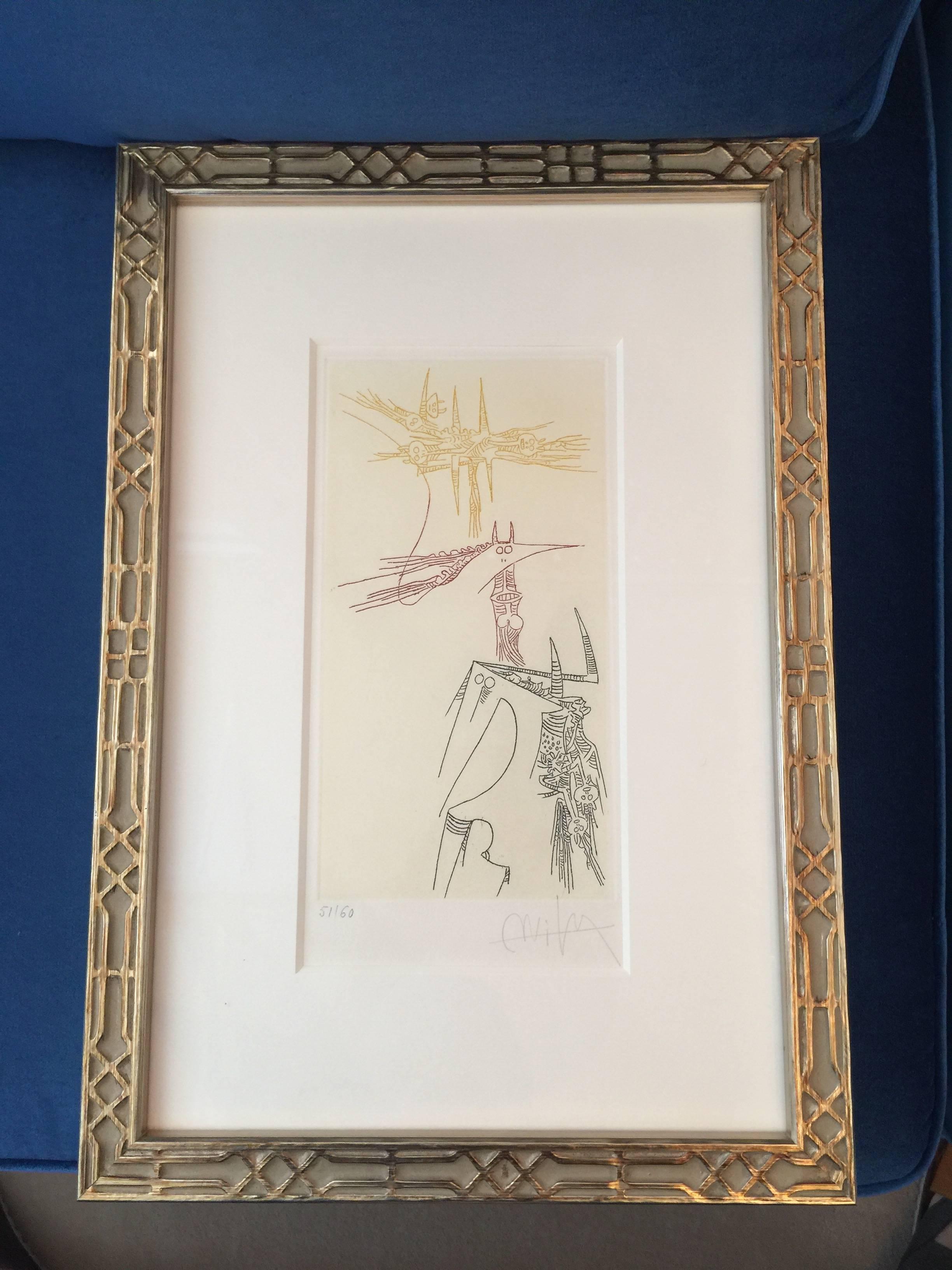 Acquaforte in nero, rosso e giallo con sfondo all'acquatinta di Wilfredo Lam, firmata a matita e numerata.  L'incisione è caratterizzata da forme lineari e da uno sfondo monocromatico, tipico delle opere grafiche di Lam.

Wifredo Lam (1902-1982) è