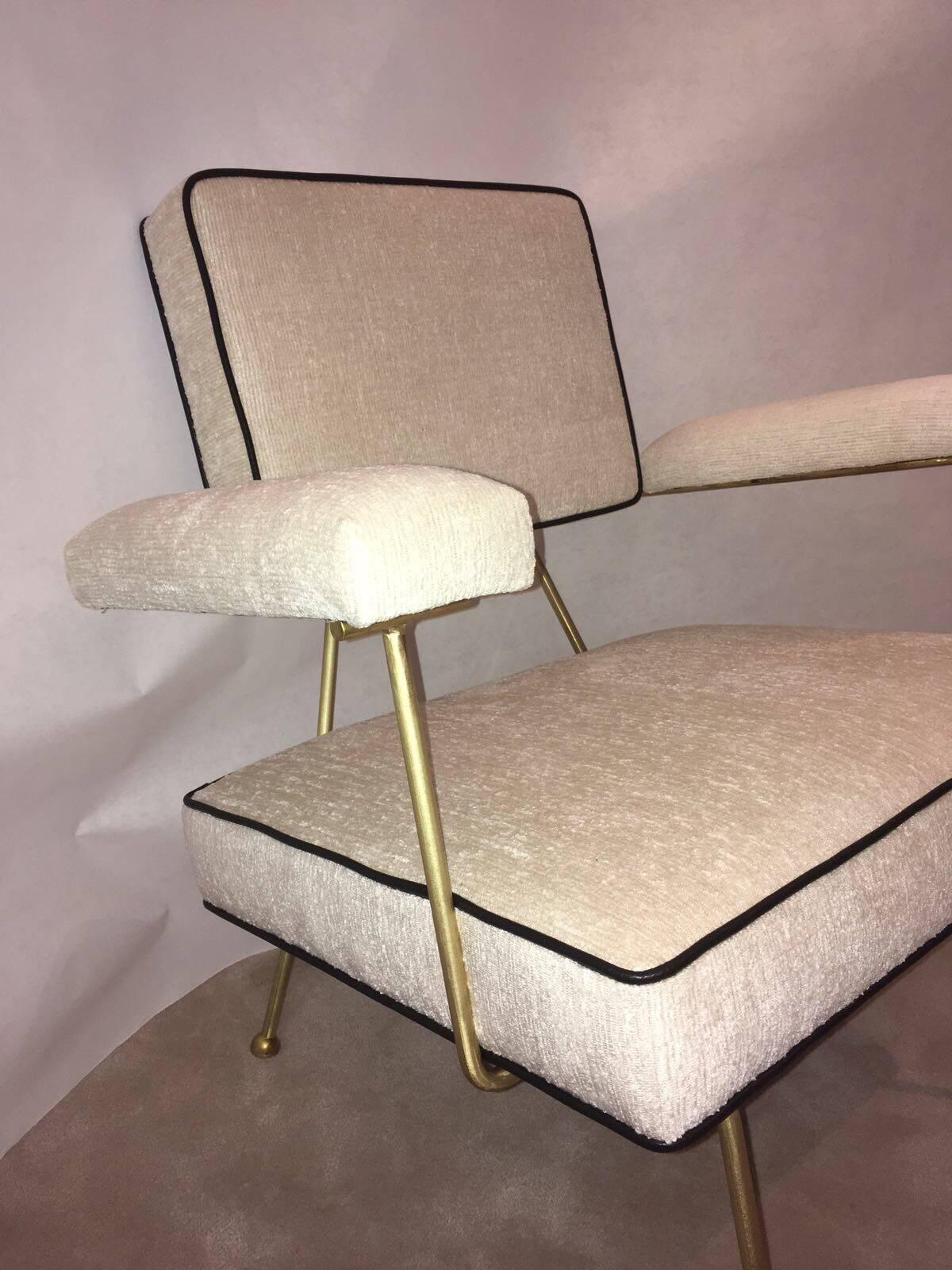 Mid-Century Modern Pair of Solid Brass Framed Low Armchairs by Adrian Pearsall
