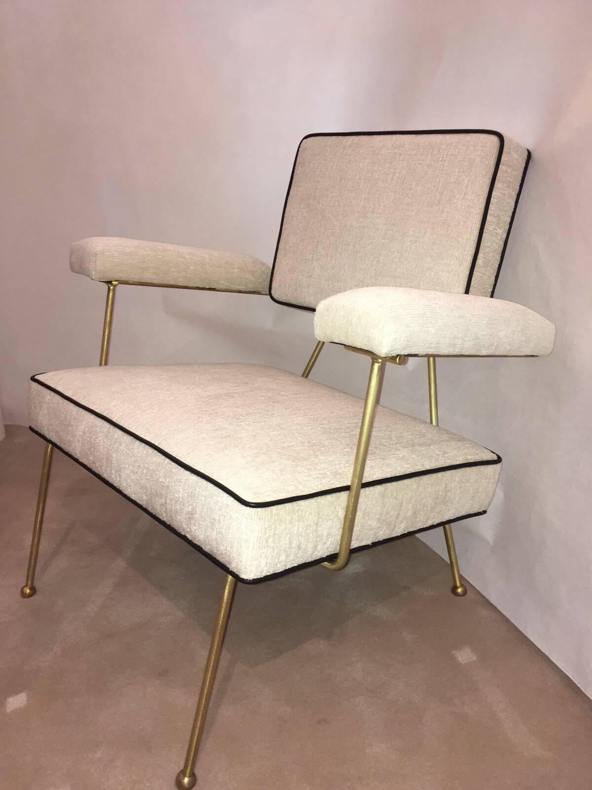 American Pair of Solid Brass Framed Low Armchairs by Adrian Pearsall