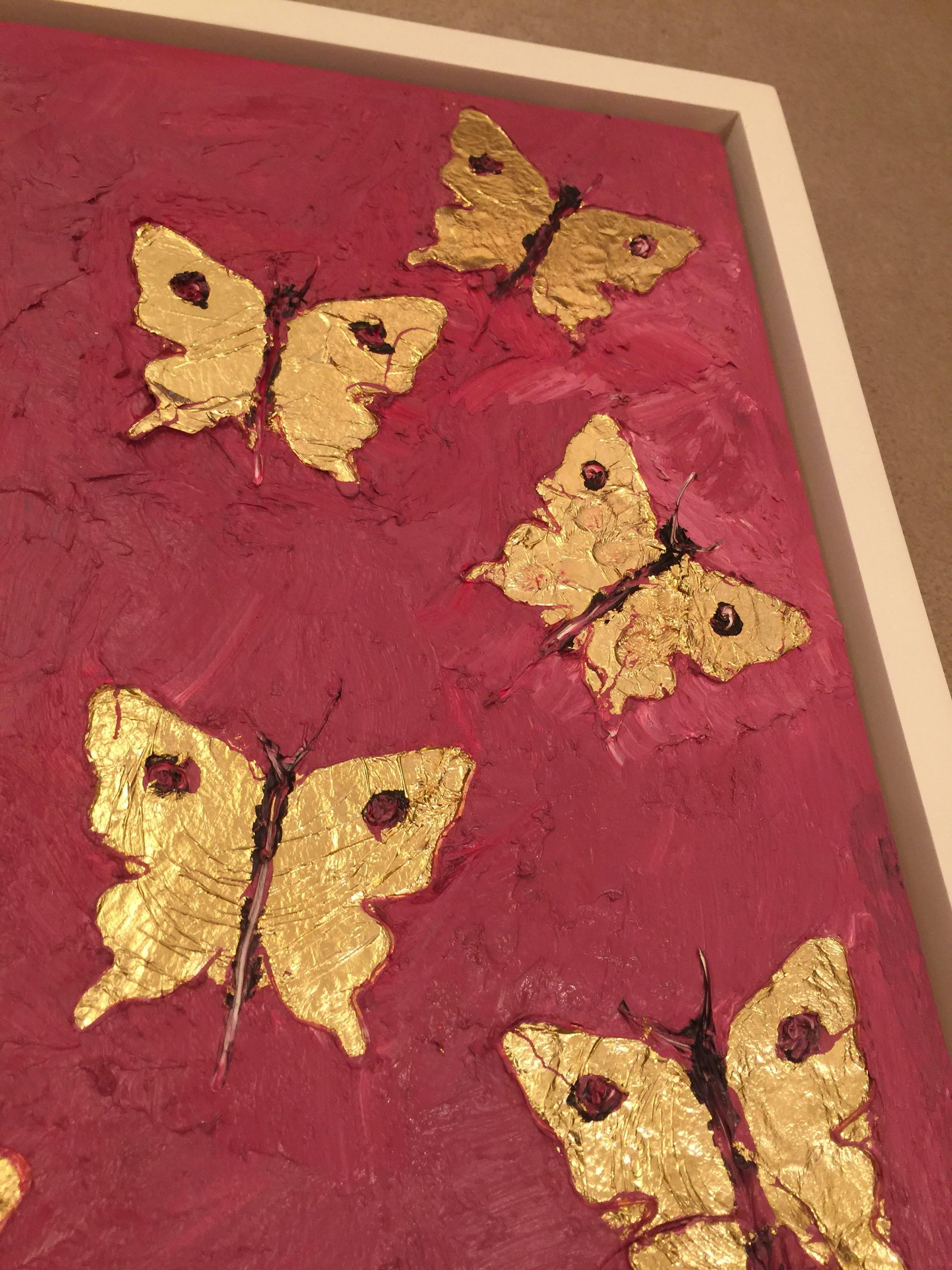 This beautifully shadow box framed oil on board painting of eight gold leaf butterflies on vivid background is a series of two (2). The second painting is similar named seven butterflies in gold - framed the same and available for purchase