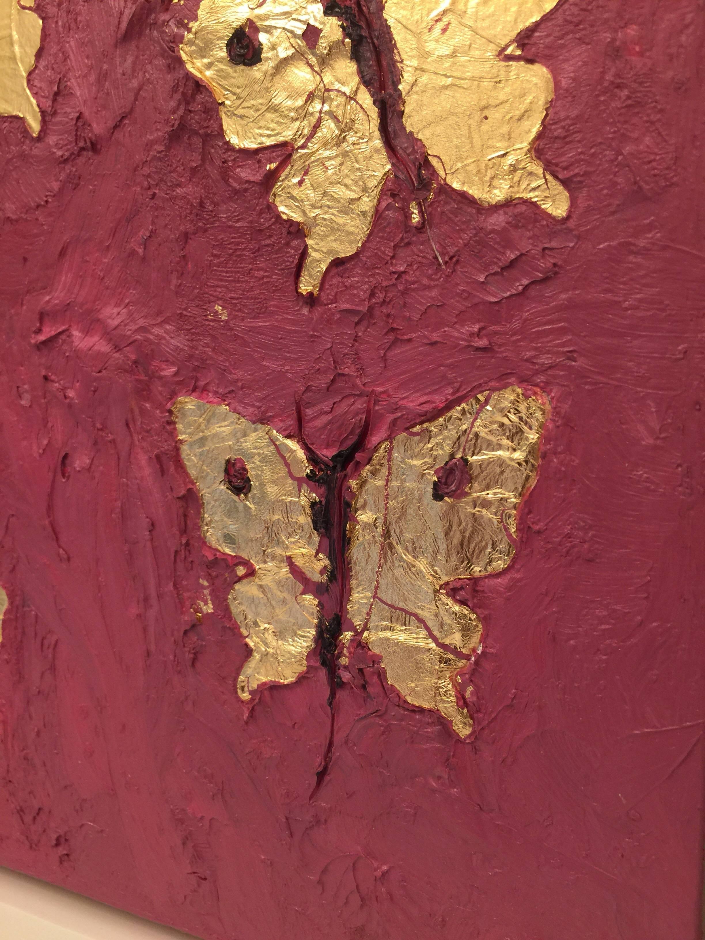 This beautifully shadow box framed oil on board painting of seven gold leaf butterflies on vivid background is a series of two (2).

Thick textured oil on board - signed and titled on verso. Artist biography available upon request.