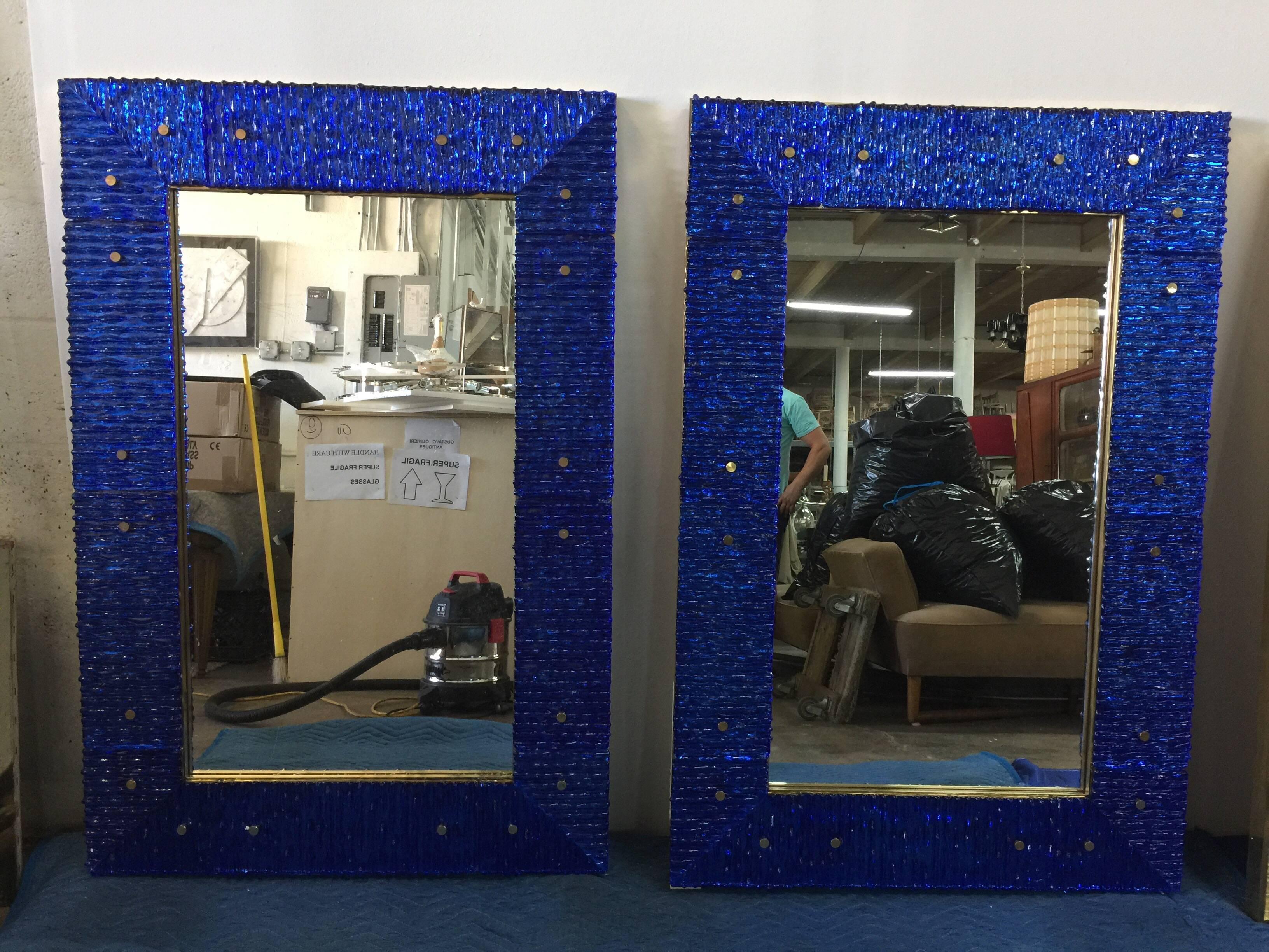 Italian Cobalt Blue Ribbed Murano and Brass Framed Mirror