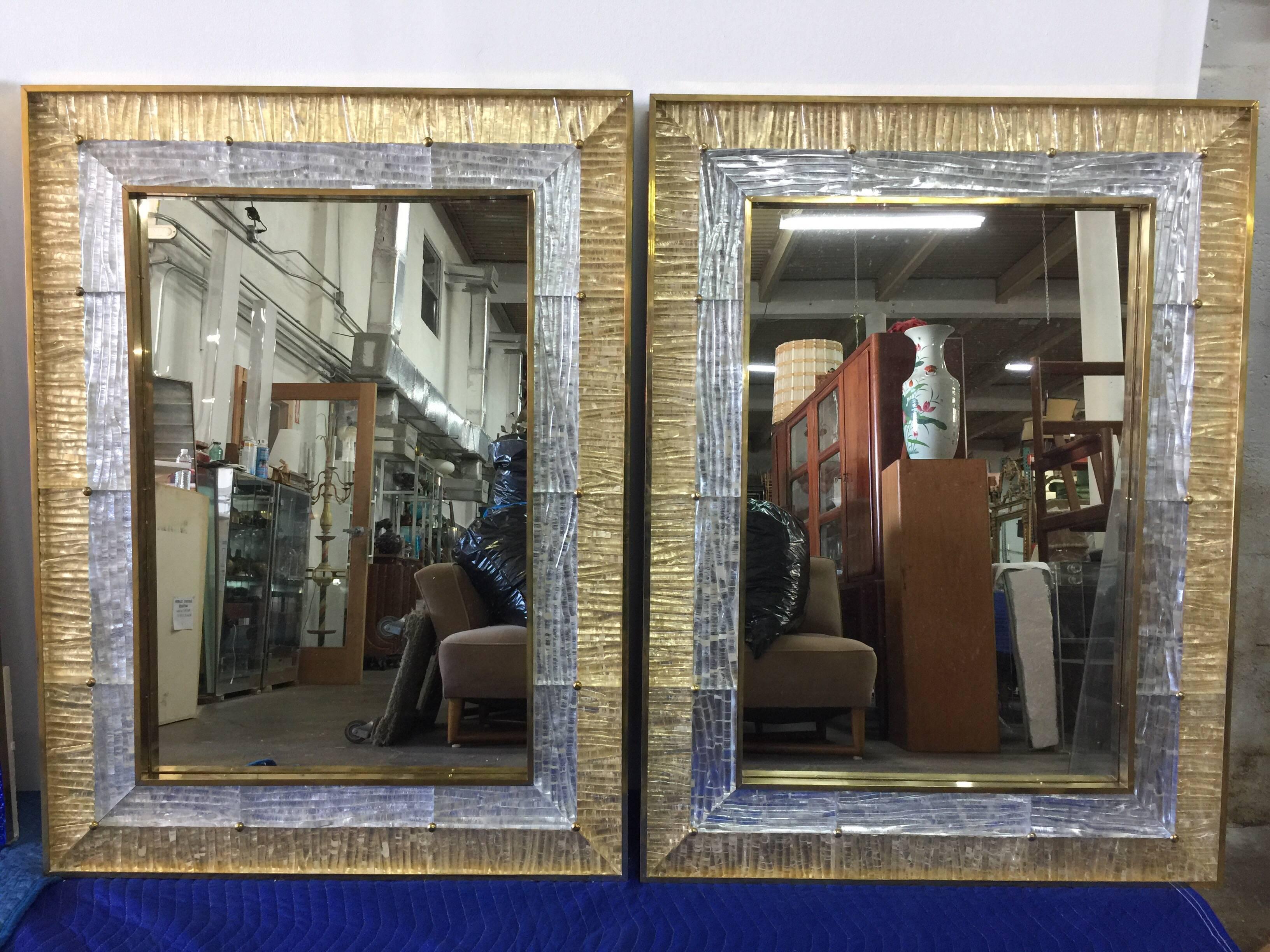 Brass framed large rectangular mirror with gold leaf and silver leaf Murano glass. There is ONLY ONE available. 