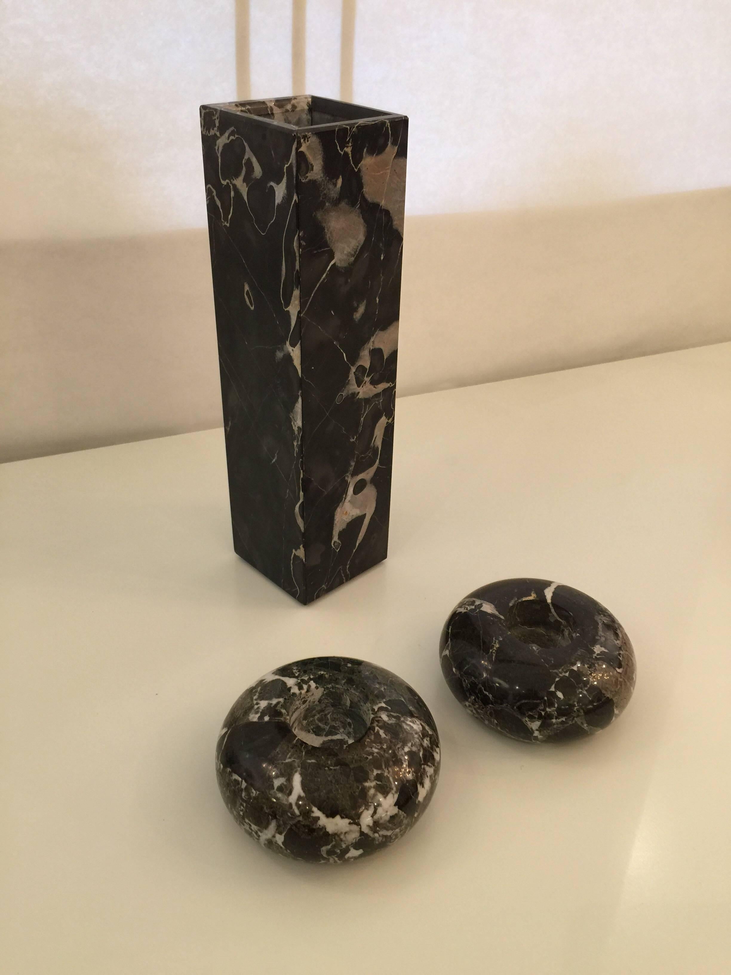 This set of three Italian Nero Marquita marble items are in the style of Sergio Asti or Mangiarotti. Beautiful and simple design, these geometric shapes in rich black Italian marble are perfect for minimal decor.

Dimensions of vase are 11 3/4