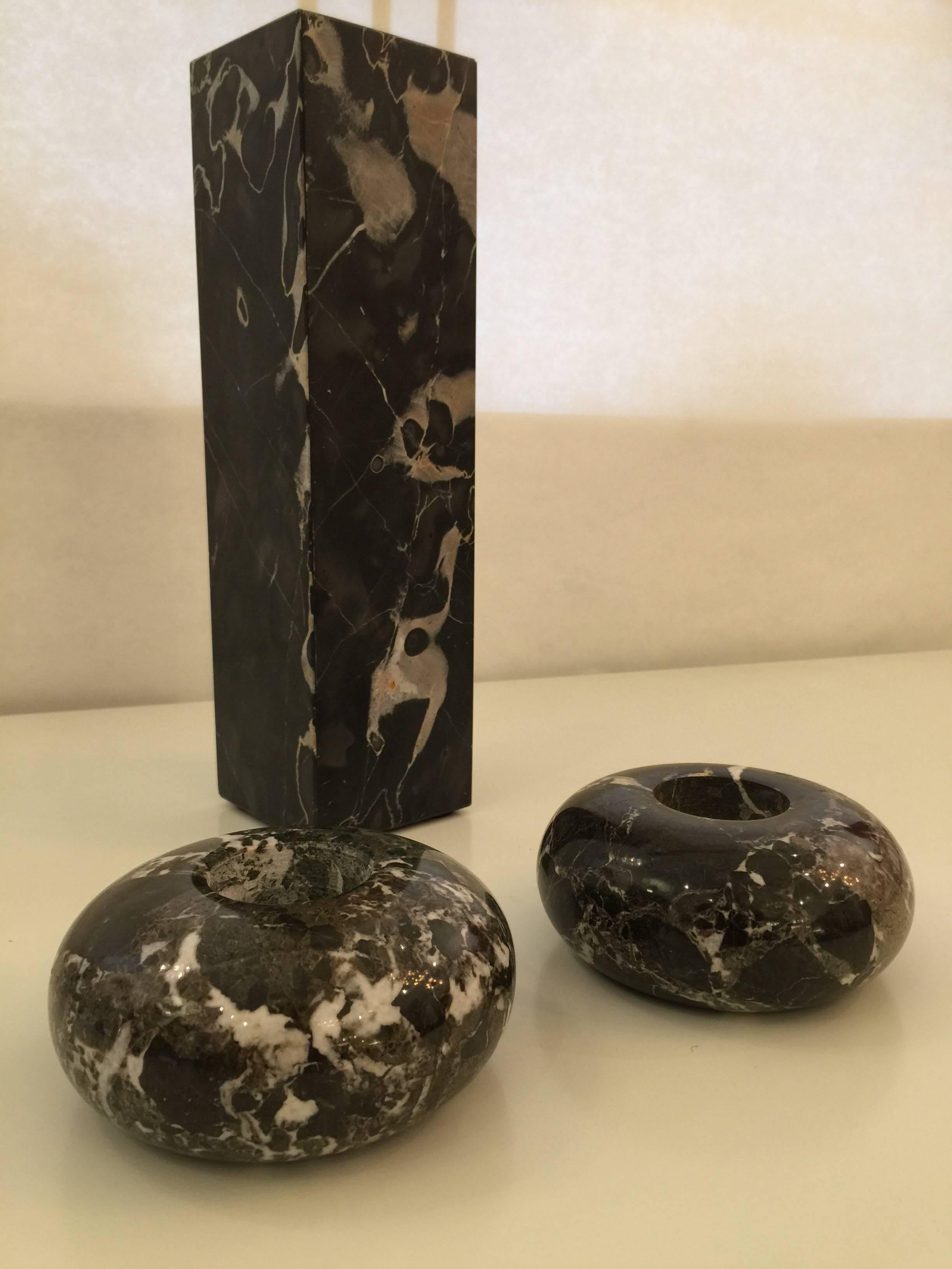 Italian Nero Marquina Marble Vase and Candleholders For Sale