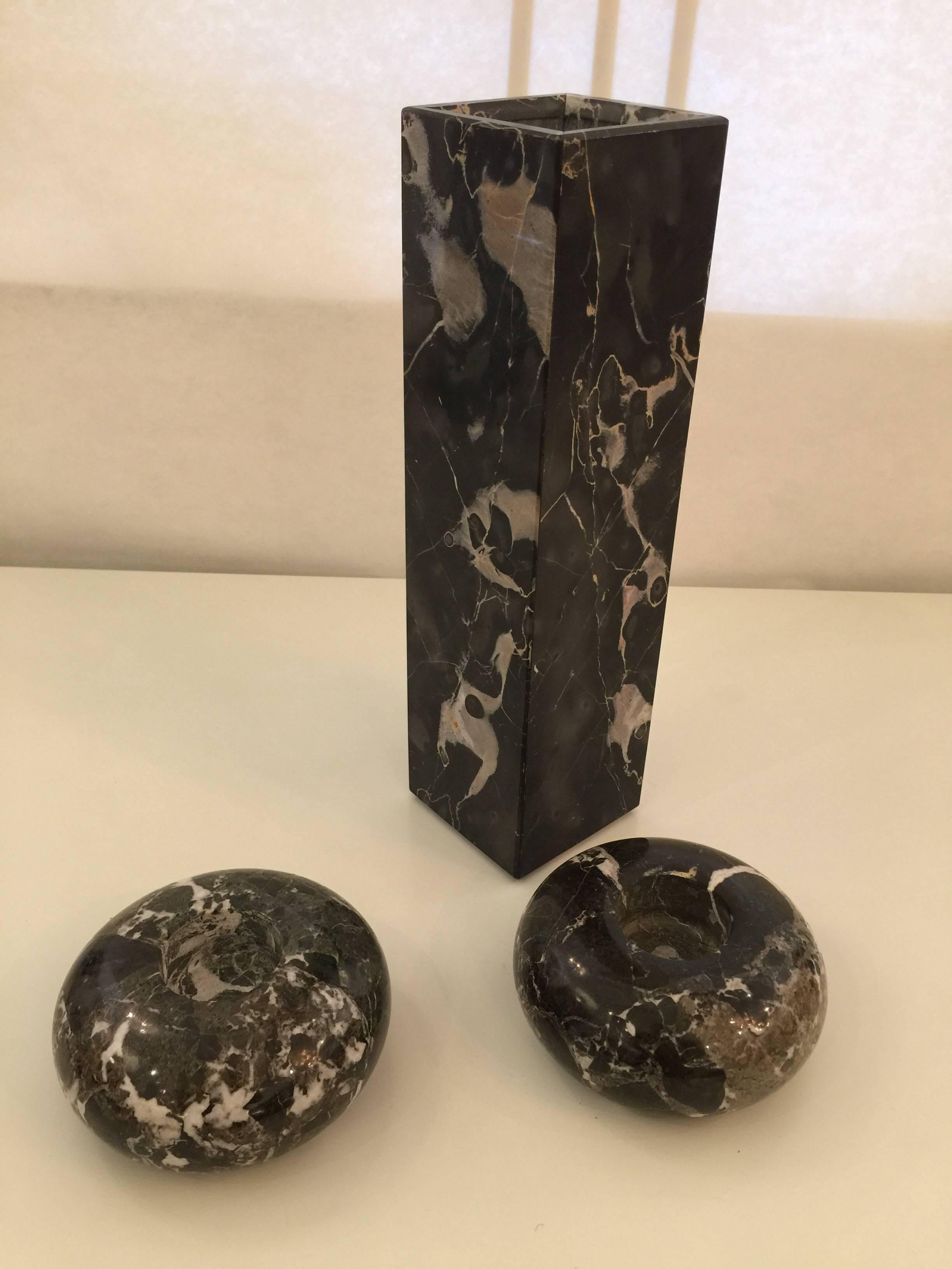 Nero Marquina Marble Vase and Candleholders In Excellent Condition For Sale In East Hampton, NY