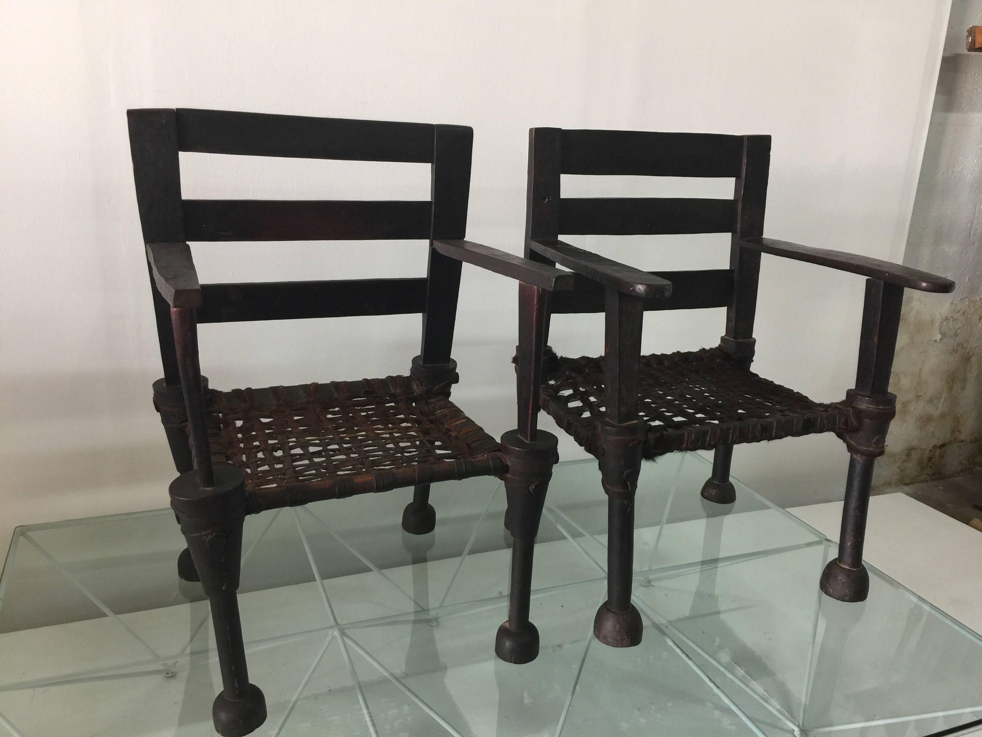 Pair of West African Ironwood and Leather Throne Chairs For Sale 4