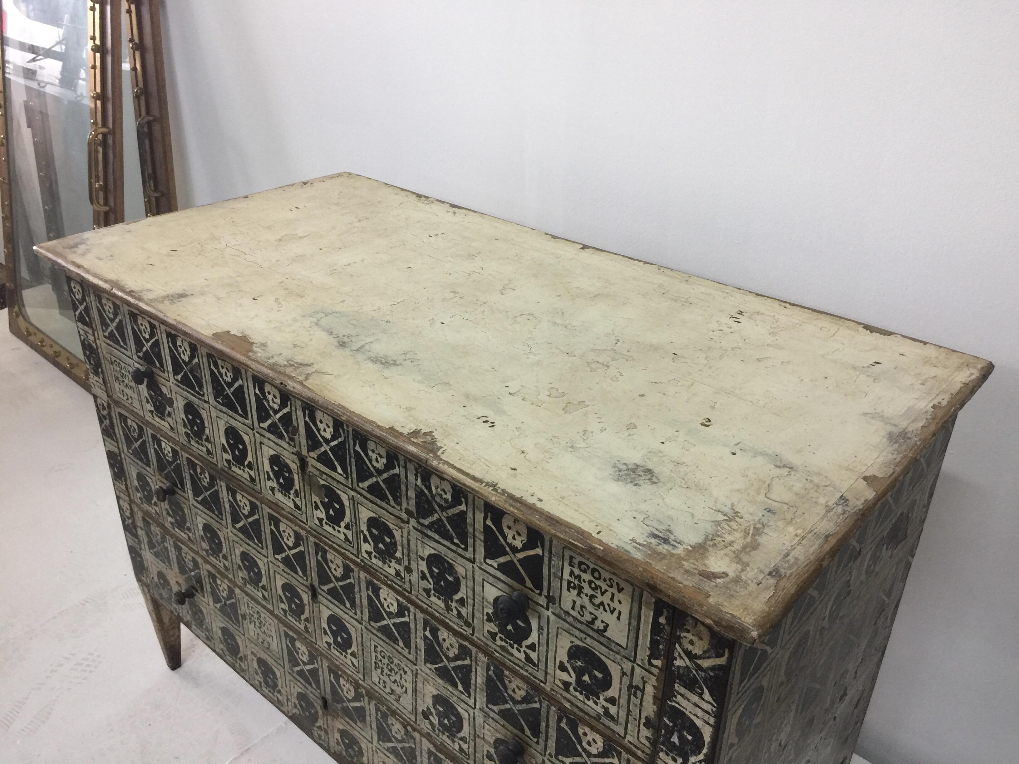 This is a truly unique Memento Mori  cabinet or chest found in Portugal. Three ample drawers and original key. It is worn and aged beautifully, very solid and reminiscent of the days of Kings, Queens, explorers and pirates.