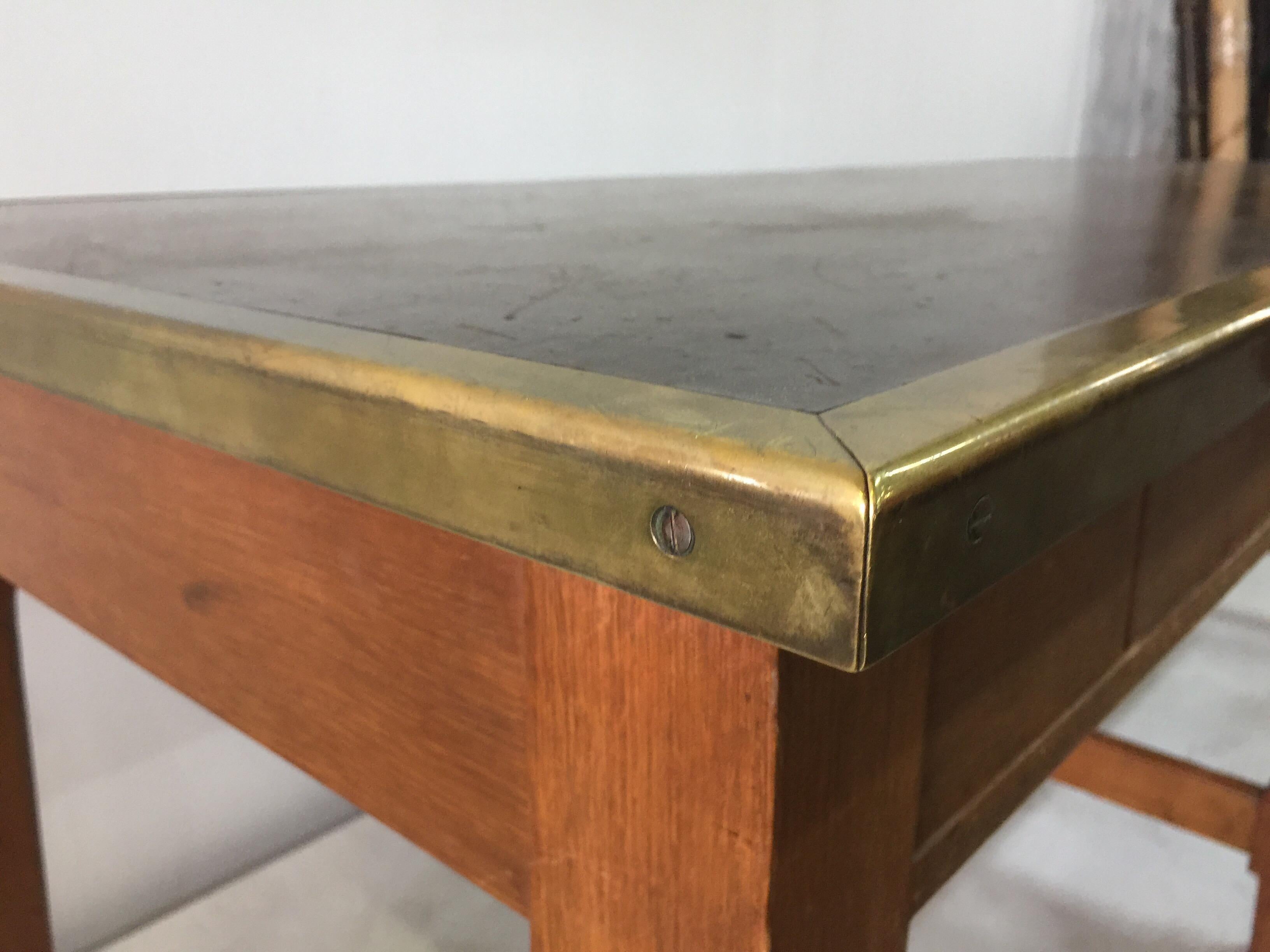 Leather Top and Brass Oak Library Table In Good Condition In East Hampton, NY