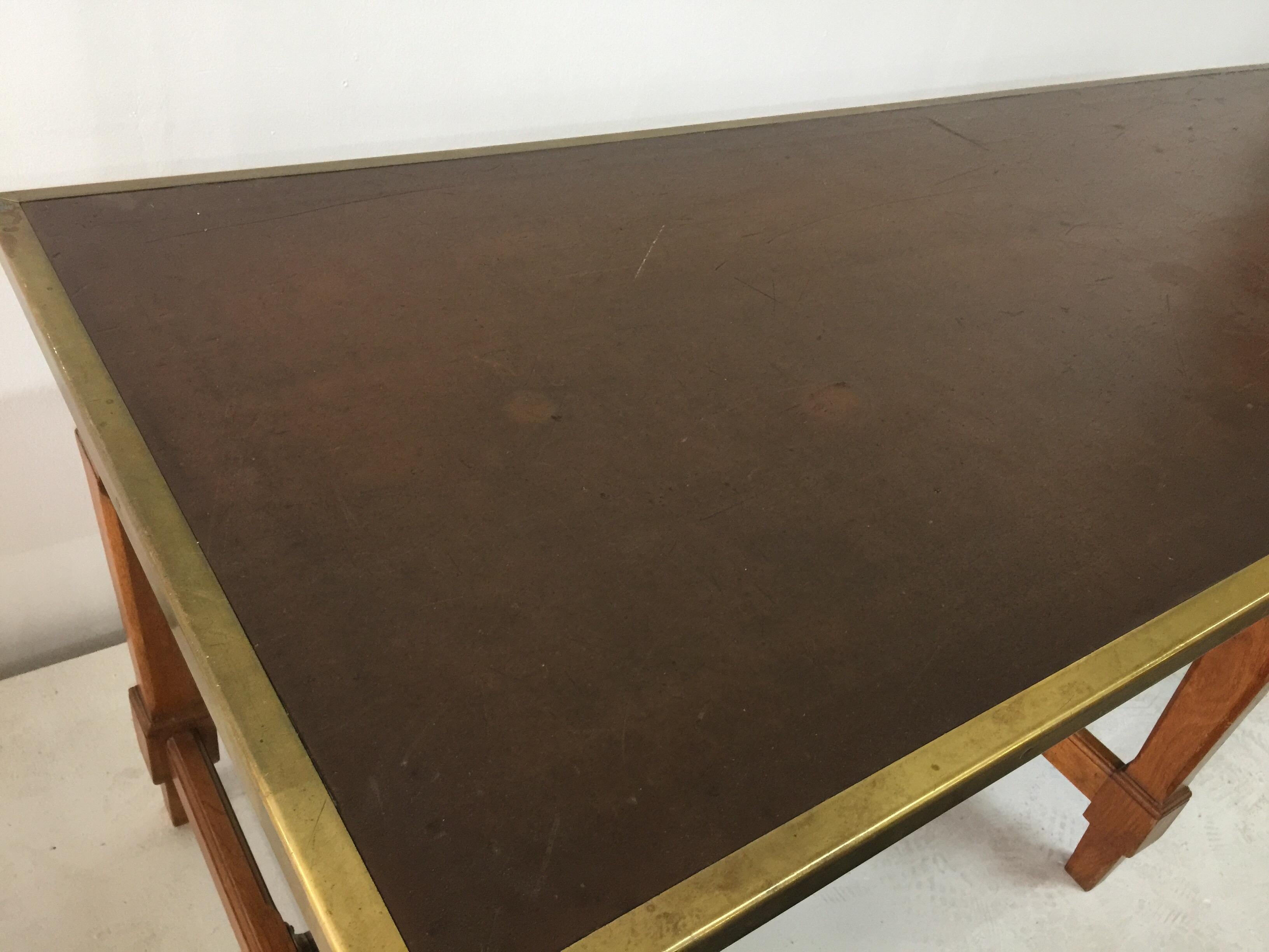 Mid-20th Century Leather Top and Brass Oak Library Table
