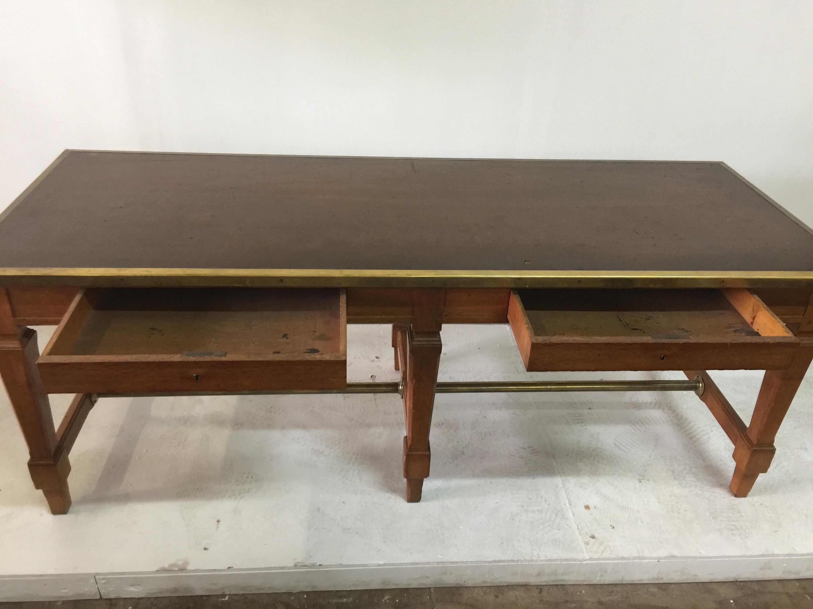 Leather Top and Brass Oak Library Table 4