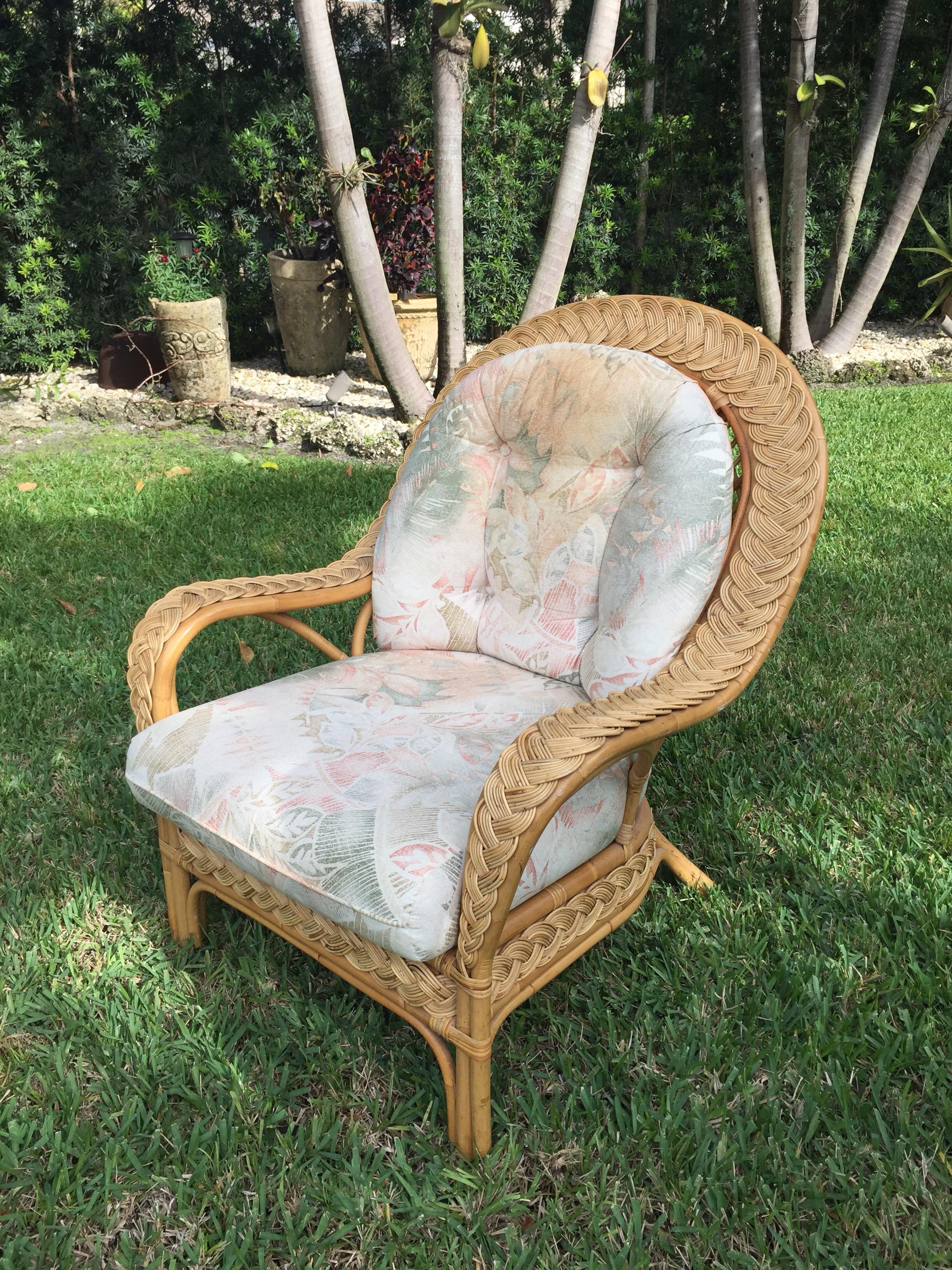 American Oversized Bamboo & Rattan Armchairs and Ottomans, Pair For Sale