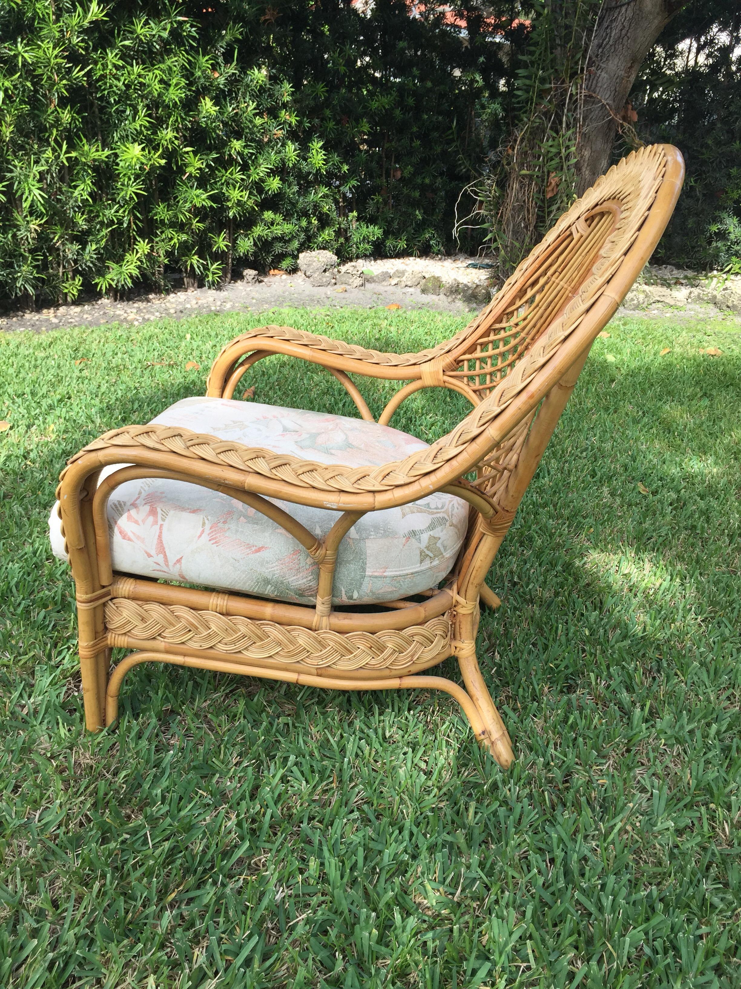 Oversized Bamboo & Rattan Armchairs and Ottomans, Pair In Good Condition For Sale In East Hampton, NY