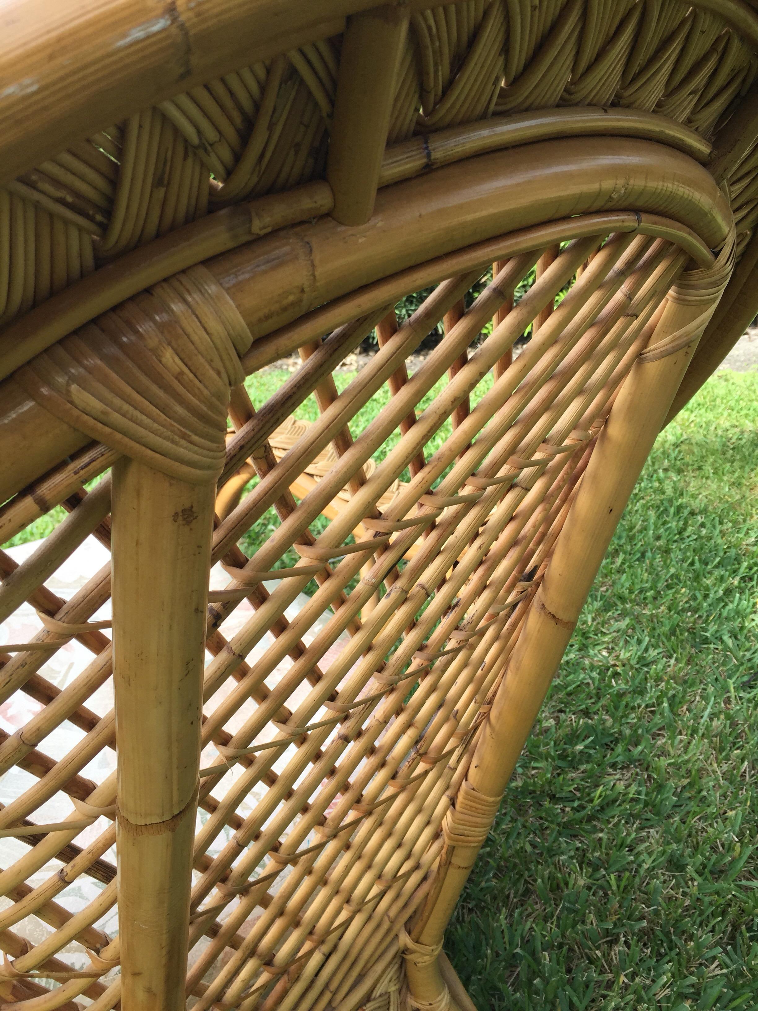 Mid-20th Century Oversized Bamboo & Rattan Armchairs and Ottomans, Pair For Sale