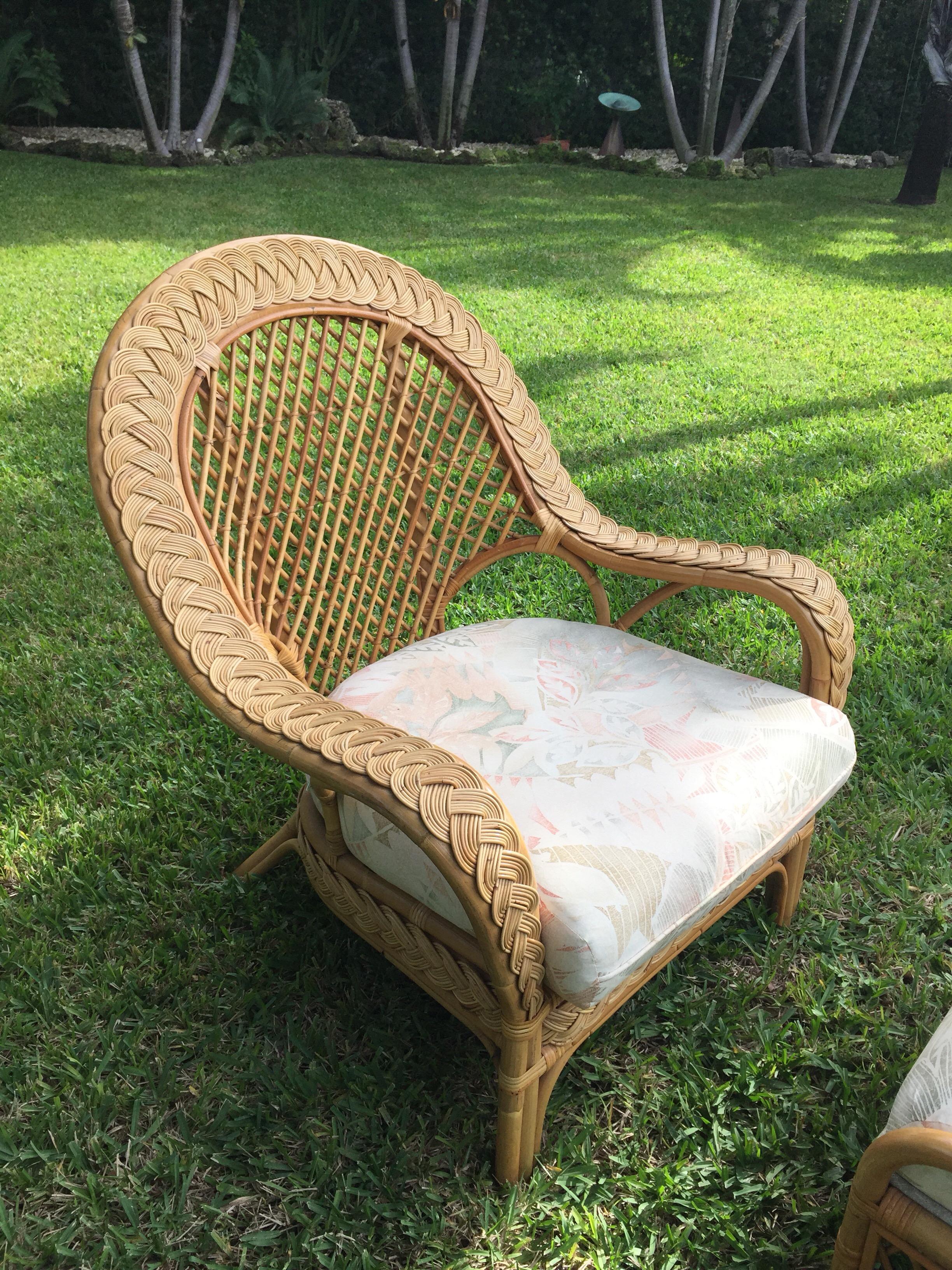 Oversized Bamboo & Rattan Armchairs and Ottomans, Pair For Sale 3