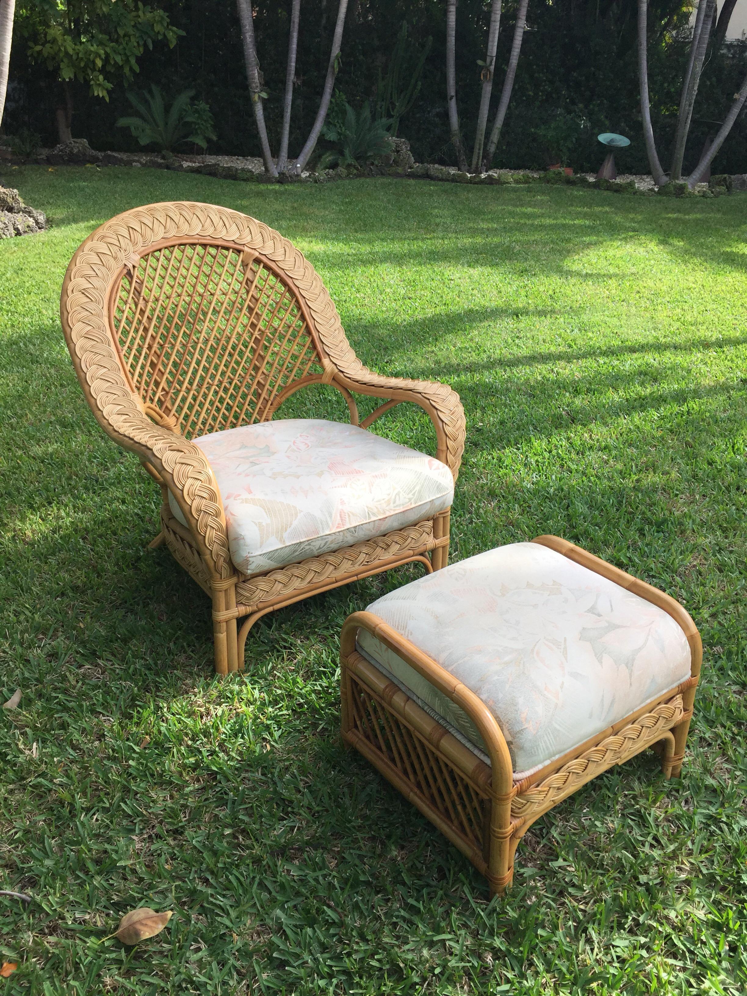 Oversized Bamboo & Rattan Armchairs and Ottomans, Pair For Sale 4