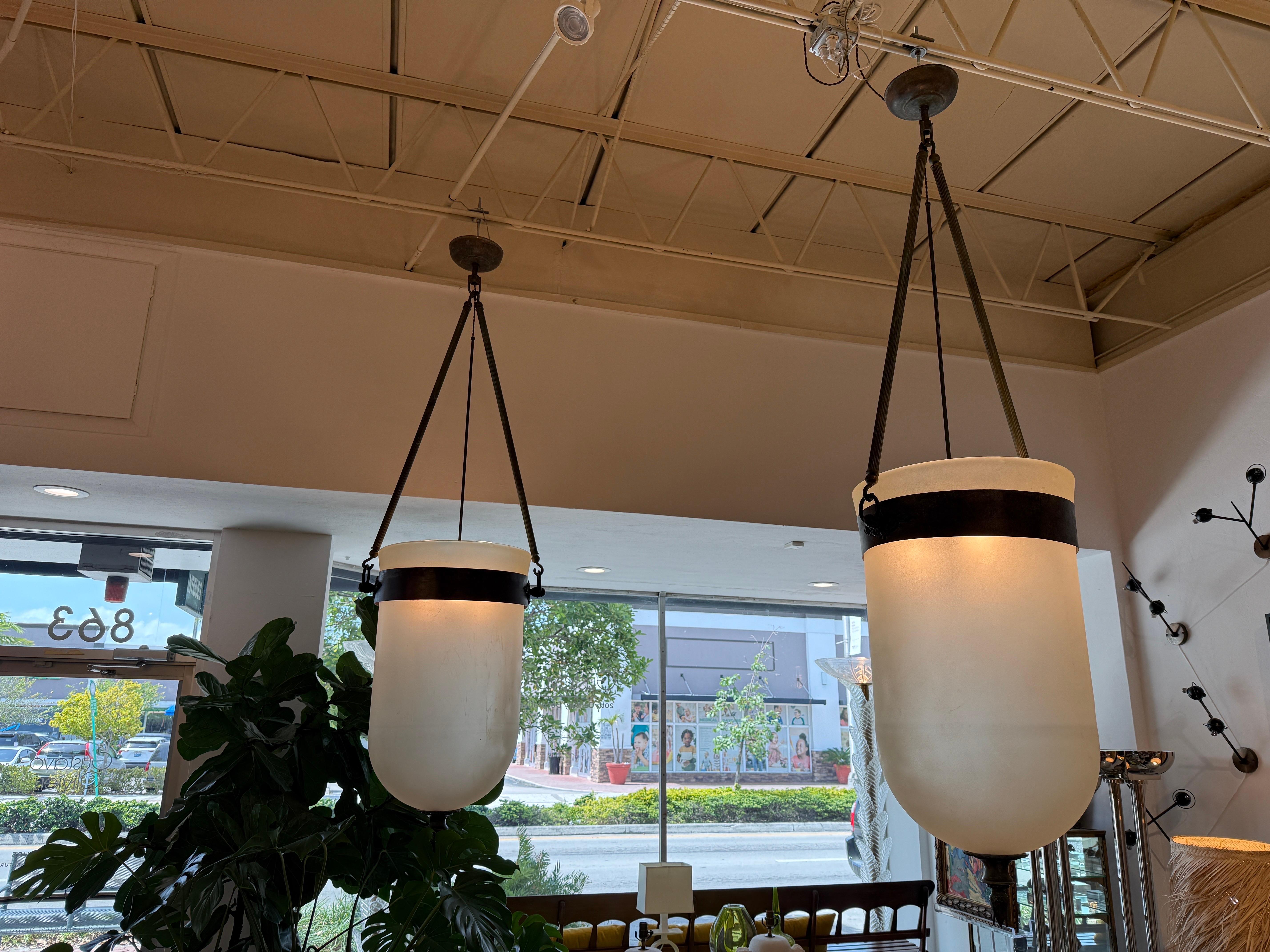Massive French 19th Century Frosted Glass Bell Jar Hanging Light - TWO Available For Sale 17