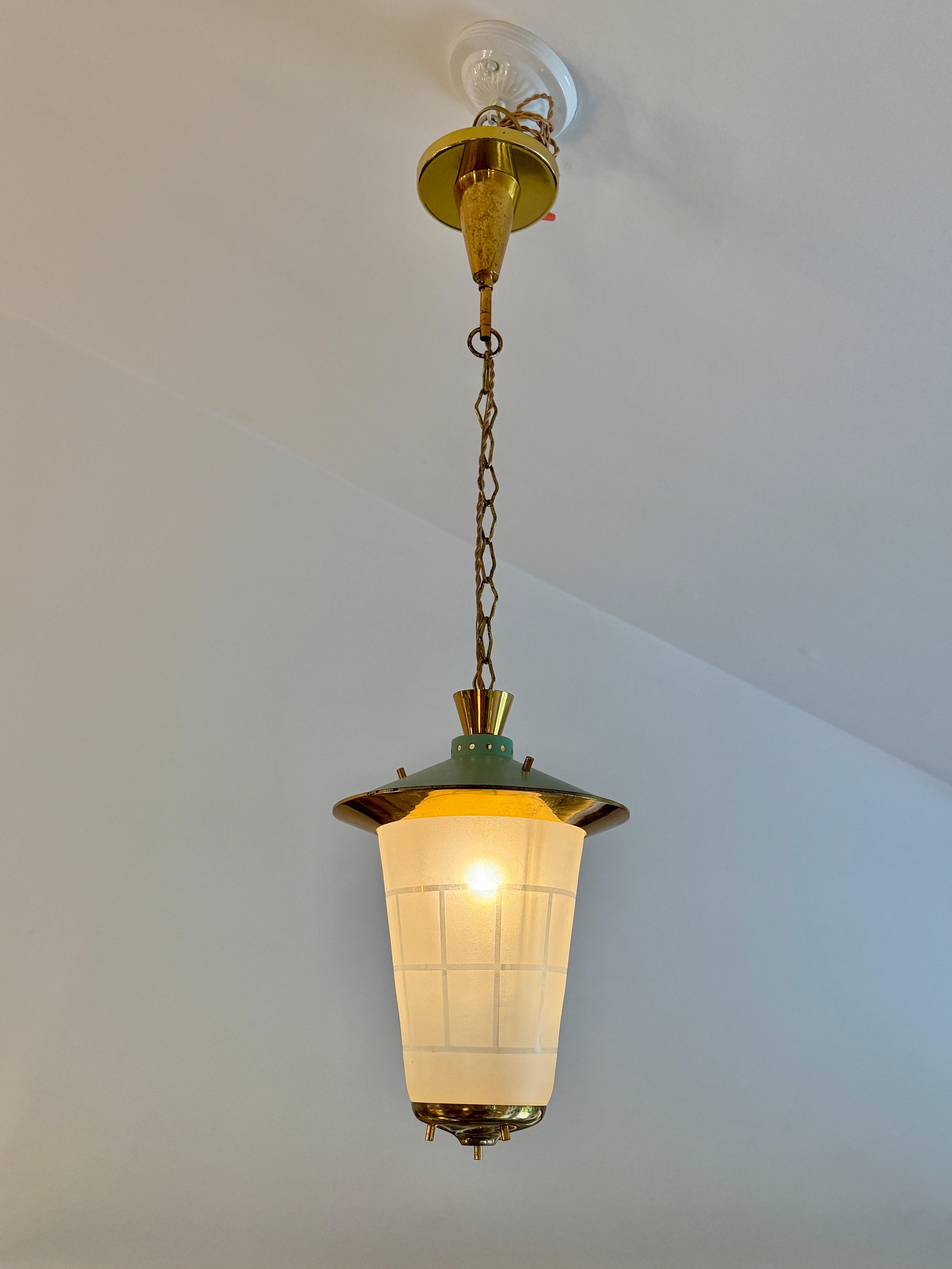 Attributed to Gio Ponti, accent lamps in original condition, with etched frosted glass and brass trim throughout. Vintage condition and as beautiful as the day they were made.  Newly rewired with silk cable and a custom brass disc electric box cover