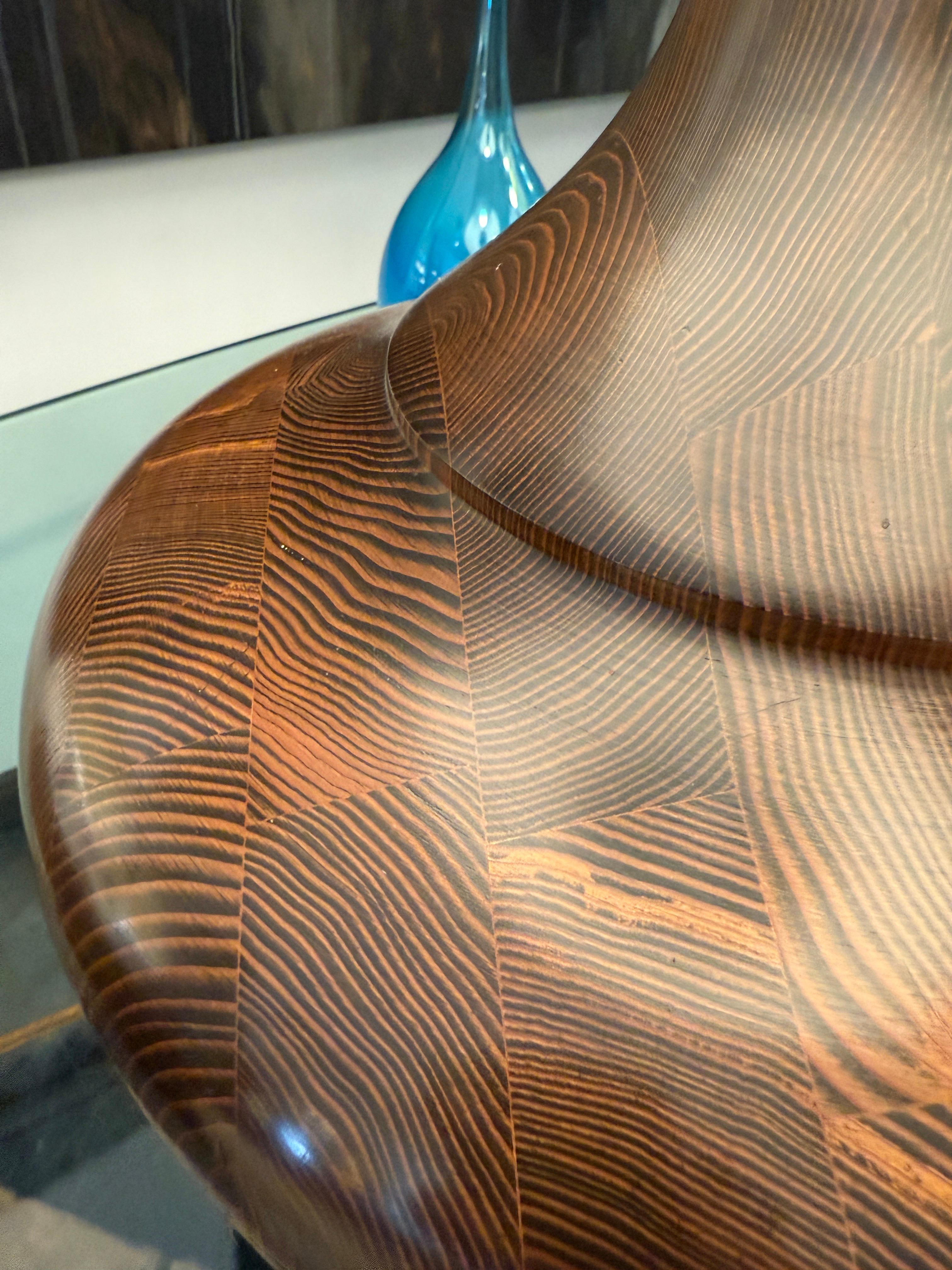 Amazing wood grain and rich tone turned wood table lamps with brass knob switch.  Shades shown NOT included.