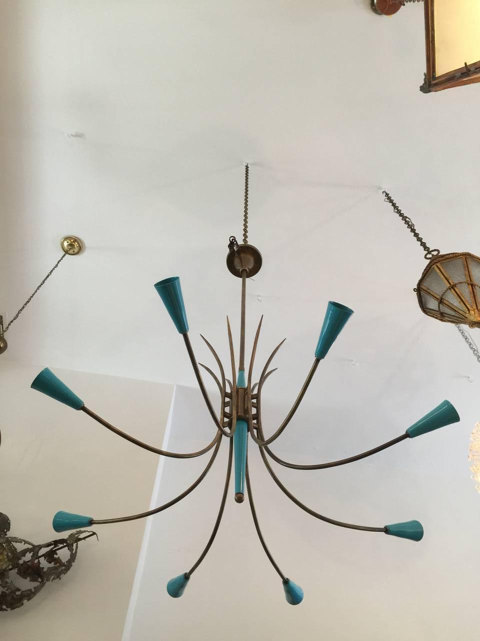 Vintage Robins Egg Blue Stilnovo Style Eight-Arm Chandelier In Good Condition In East Hampton, NY