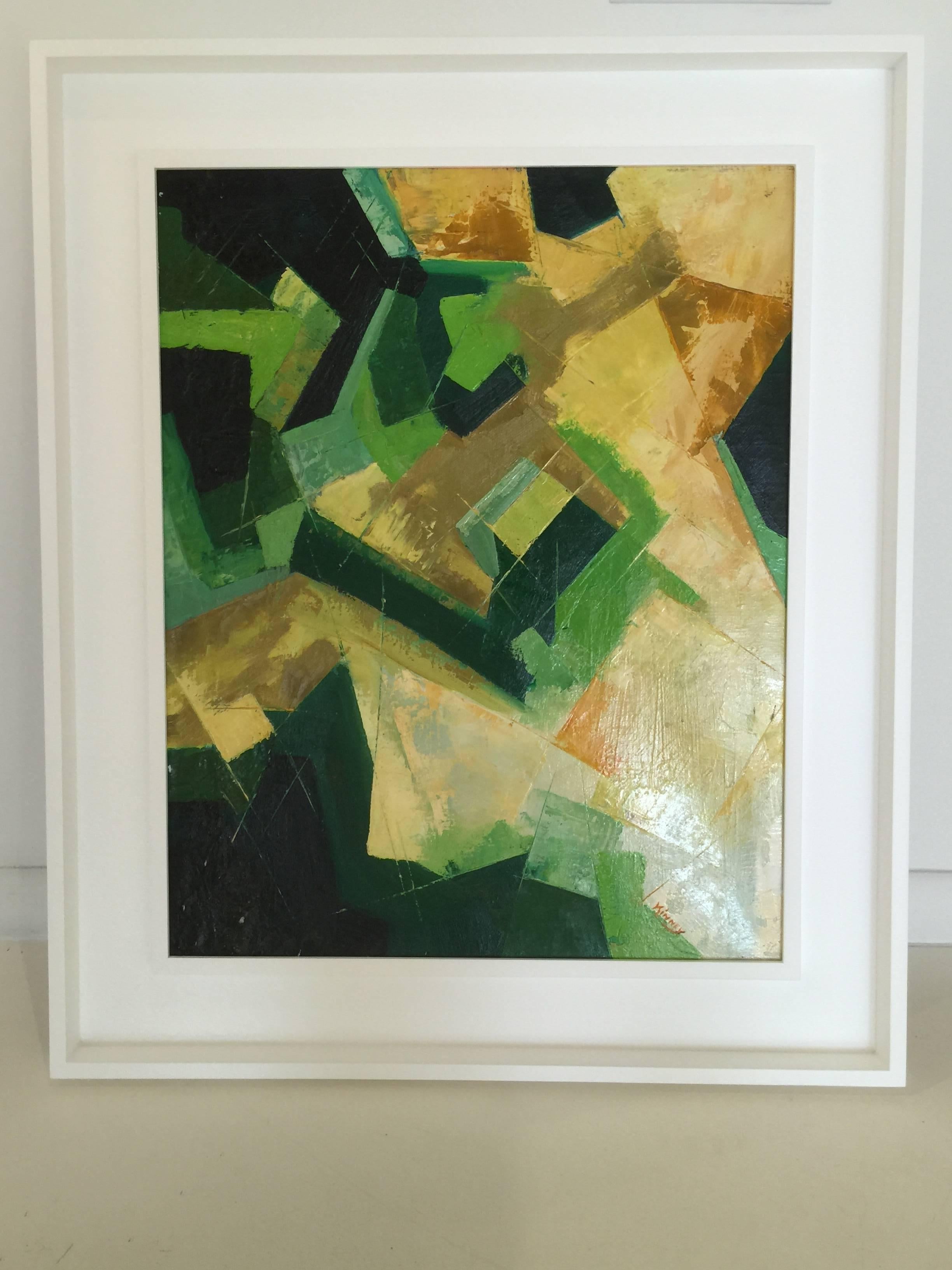 A beautiful cubic abstract in rich greens and yellows of all tones. Gallery framing.