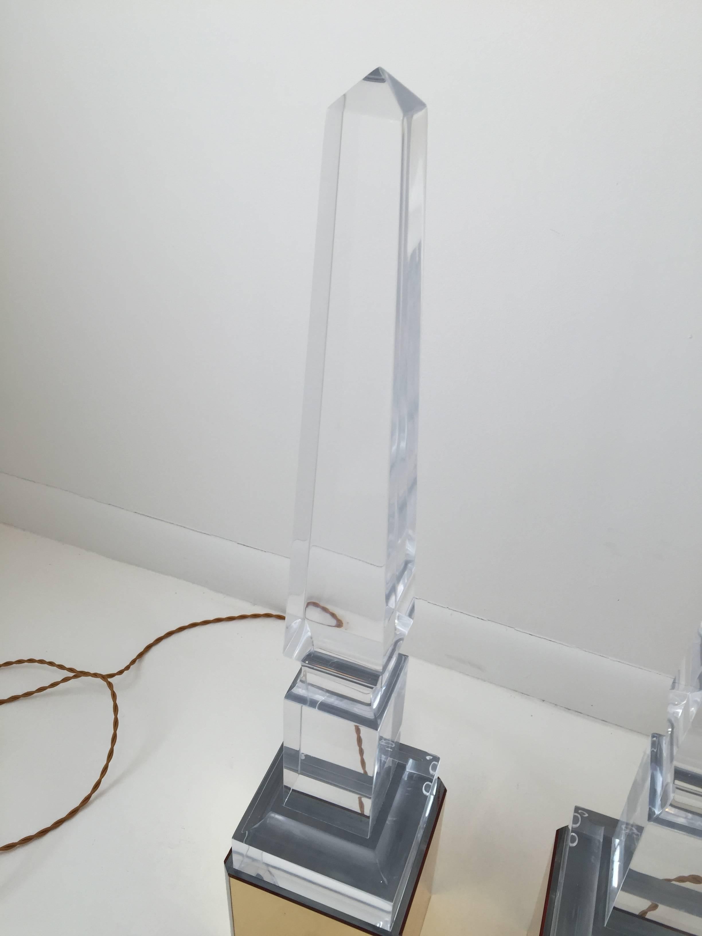 American Pair of Tall Lucite Obelisk on Light Boxes For Sale