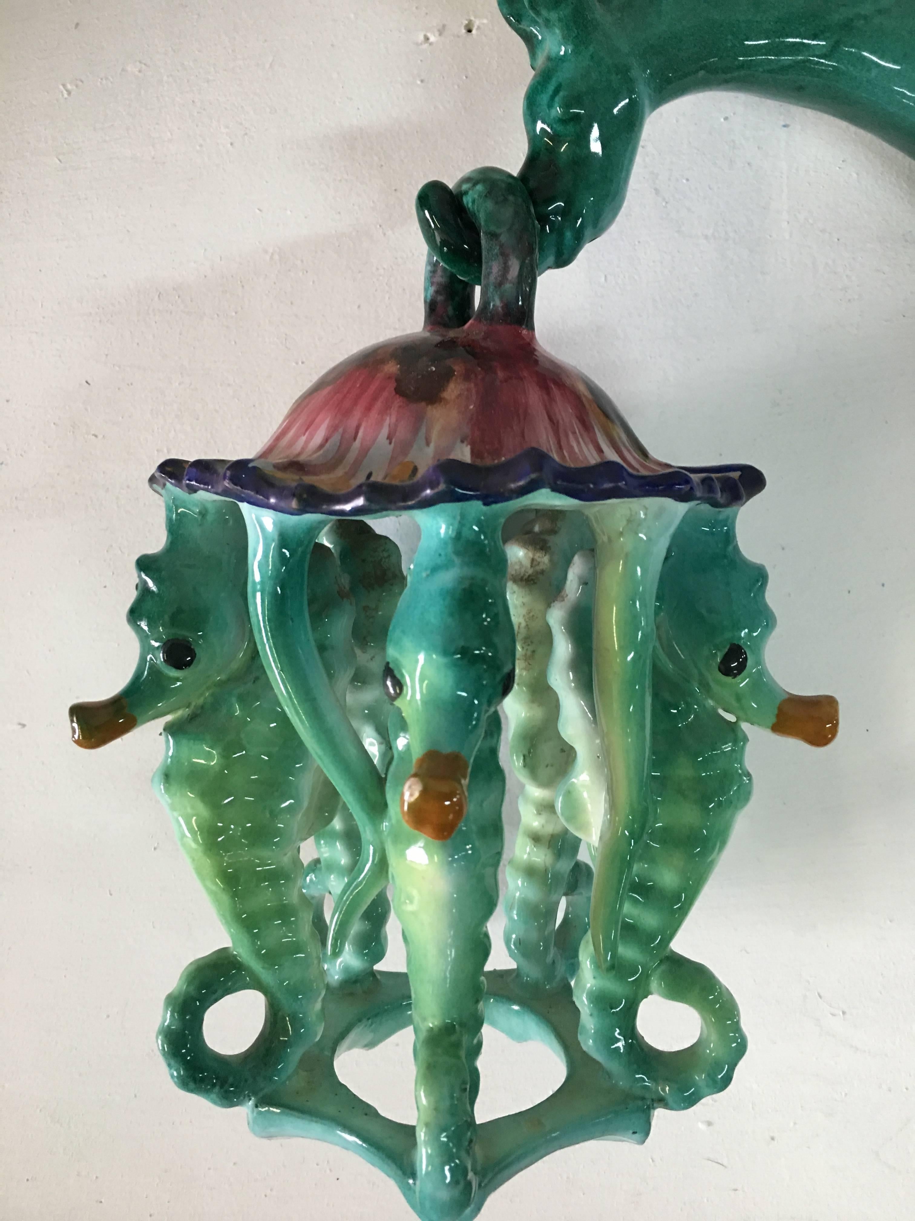 French Extremely Rare Pair of Glazed Ceramic Seahorse Lanterns