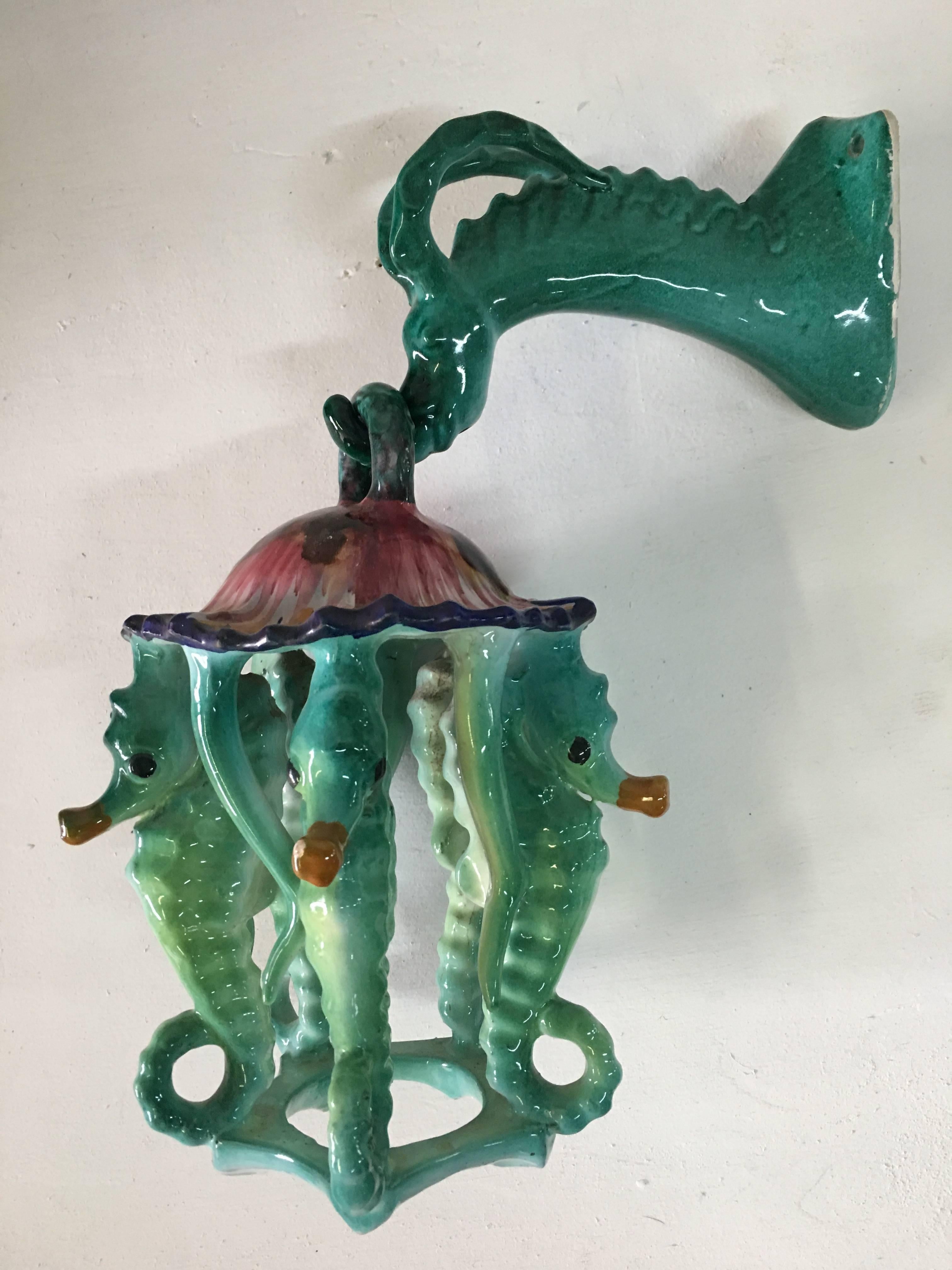 Extremely Rare Pair of Glazed Ceramic Seahorse Lanterns In Excellent Condition In East Hampton, NY