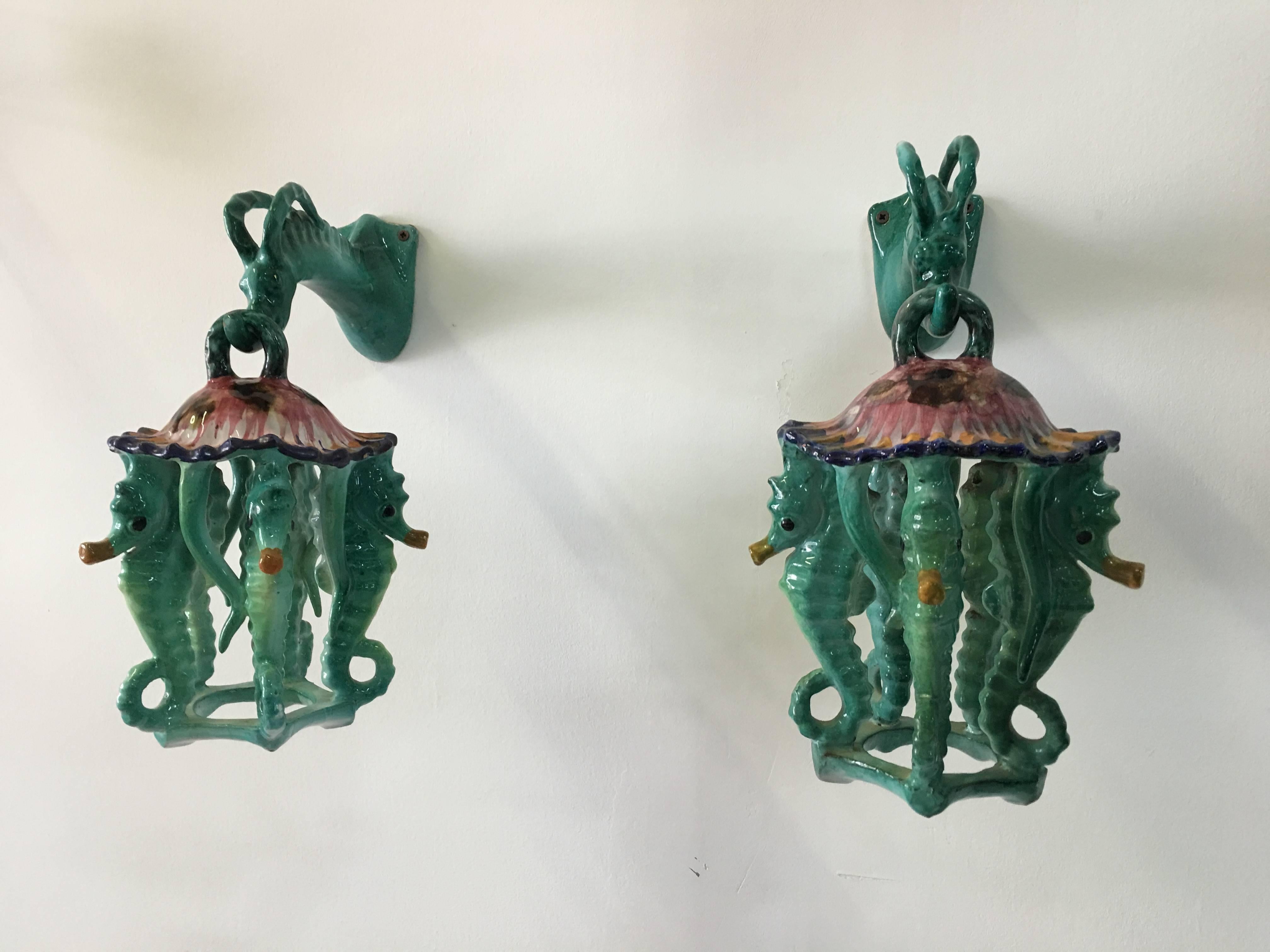 Mid-20th Century Extremely Rare Pair of Glazed Ceramic Seahorse Lanterns