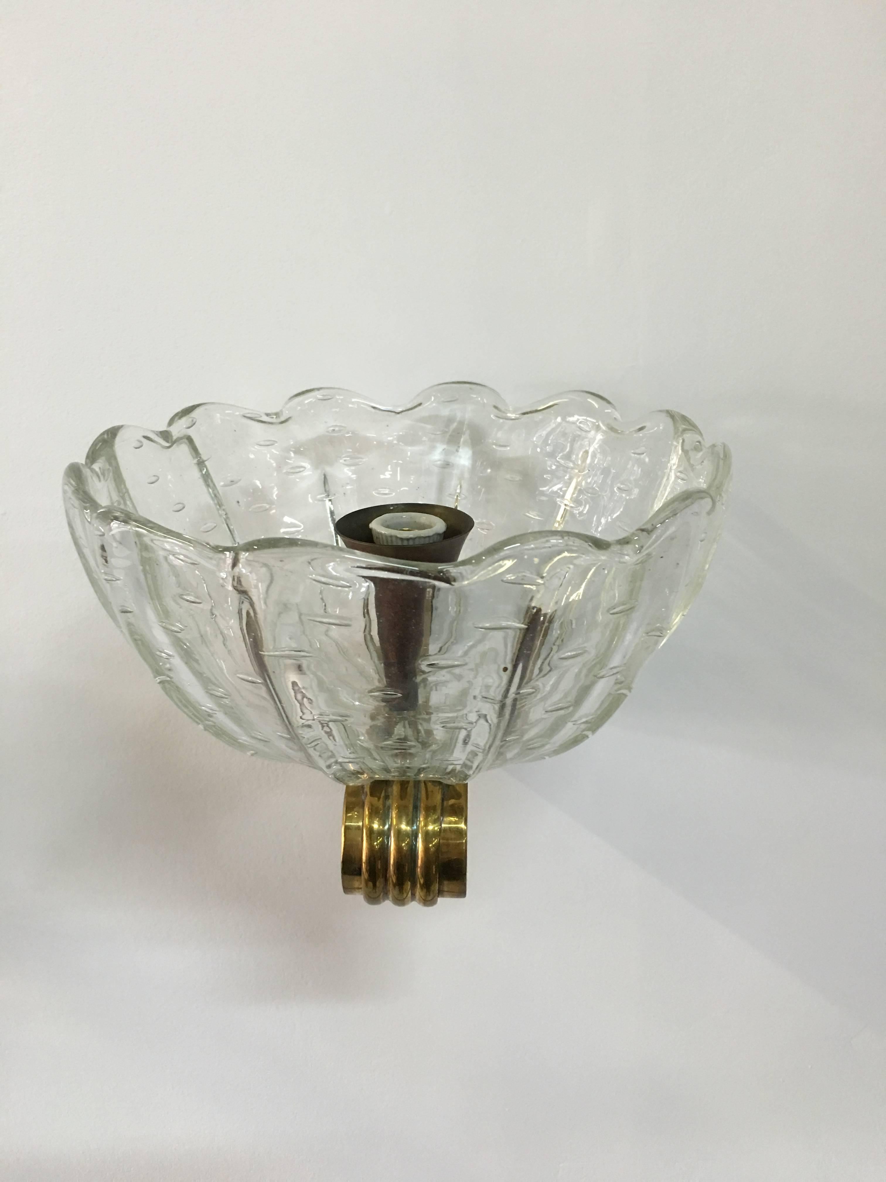 Art Deco Barovier e Toso Single Murano and Brass Wall Light  For Sale