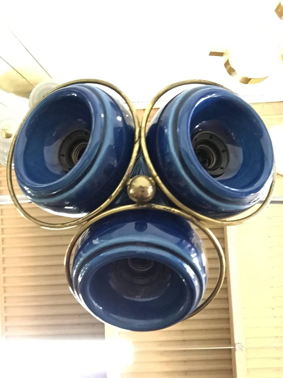 Rare French Modernist Deep Blue Ceramic Hanging Light In Good Condition In East Hampton, NY