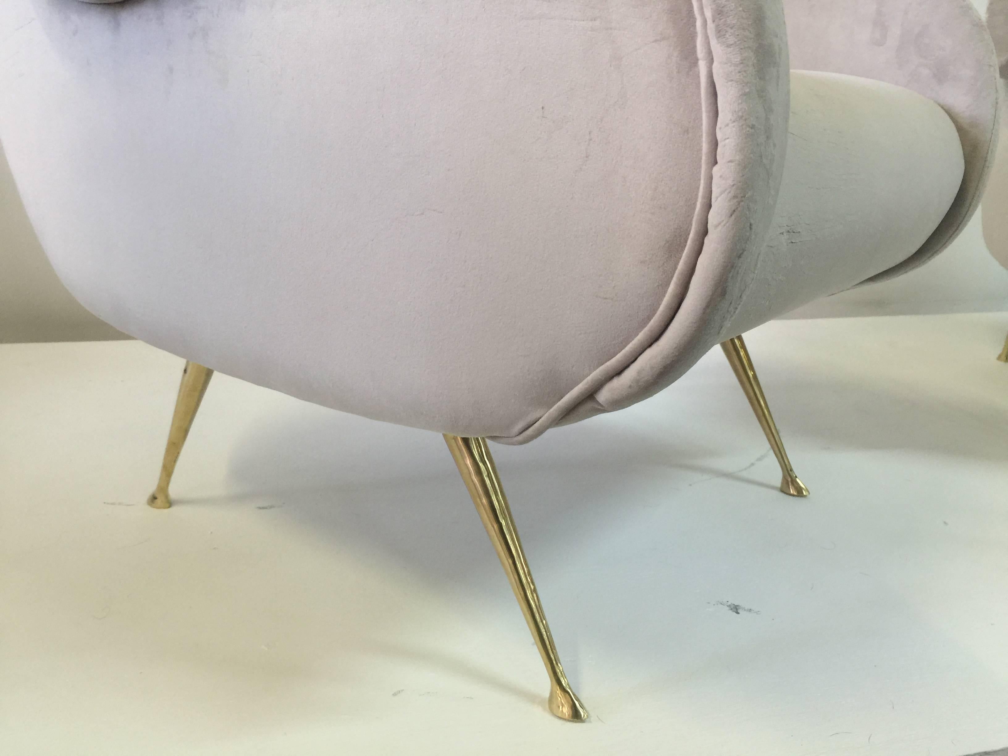 Brass Zanuso Style Pair of Important Italian Winged Armchairs