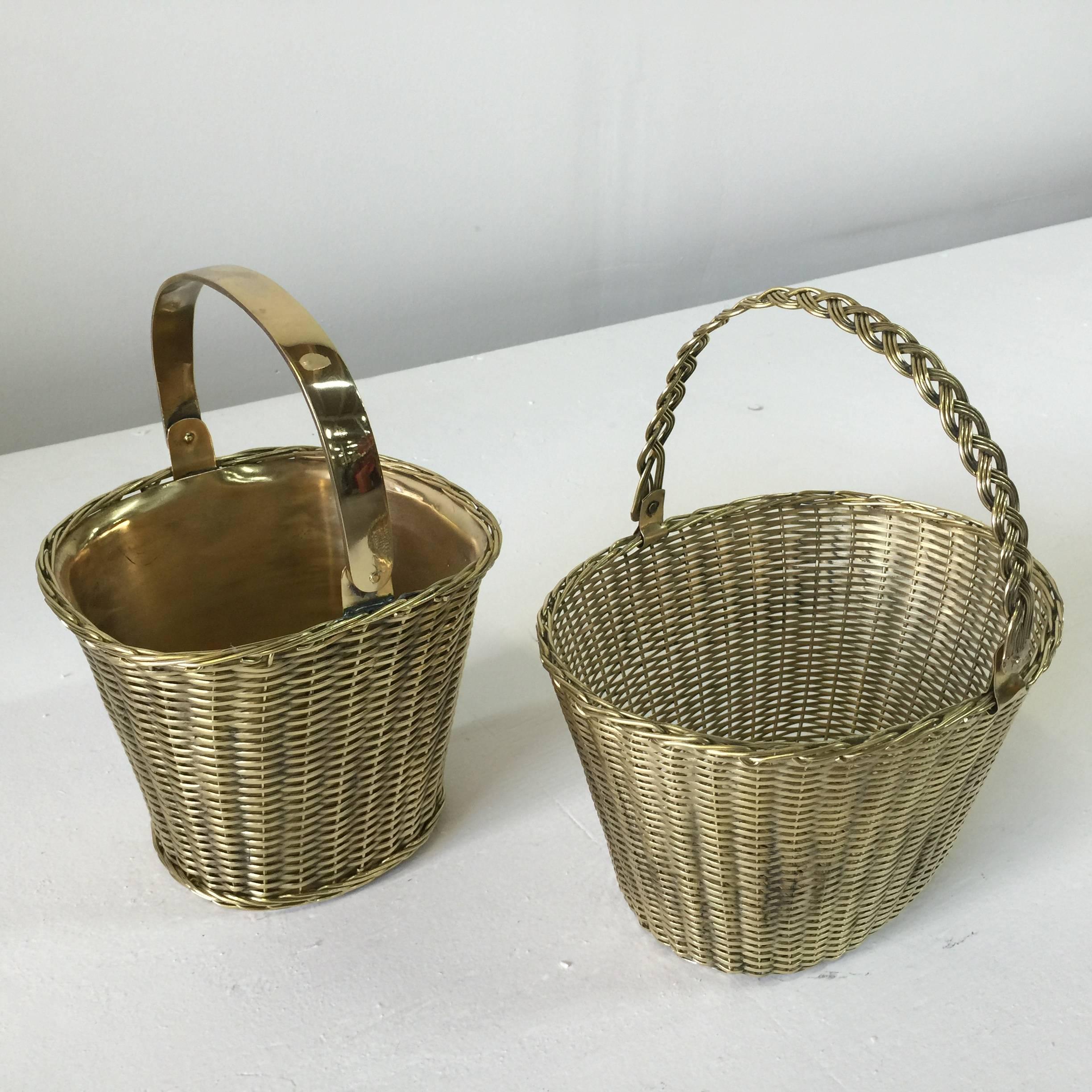 Heavy and well crafted, these woven brass baskets with adjustable handles are great for plants, orchids, fruit, etc.

Dimensions of smaller basket: 12 inches tall, 10 inches wide, 8 inches deep.