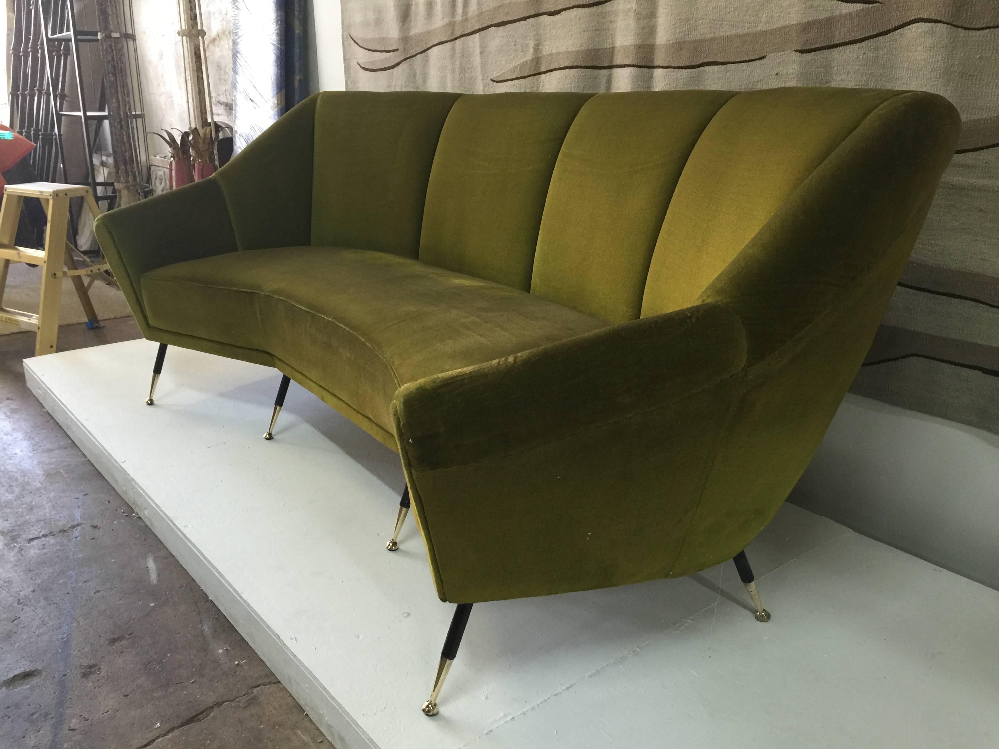Mid-Century Modern Vintage Green Velvet Geometrical-Shaped Italian Sofa