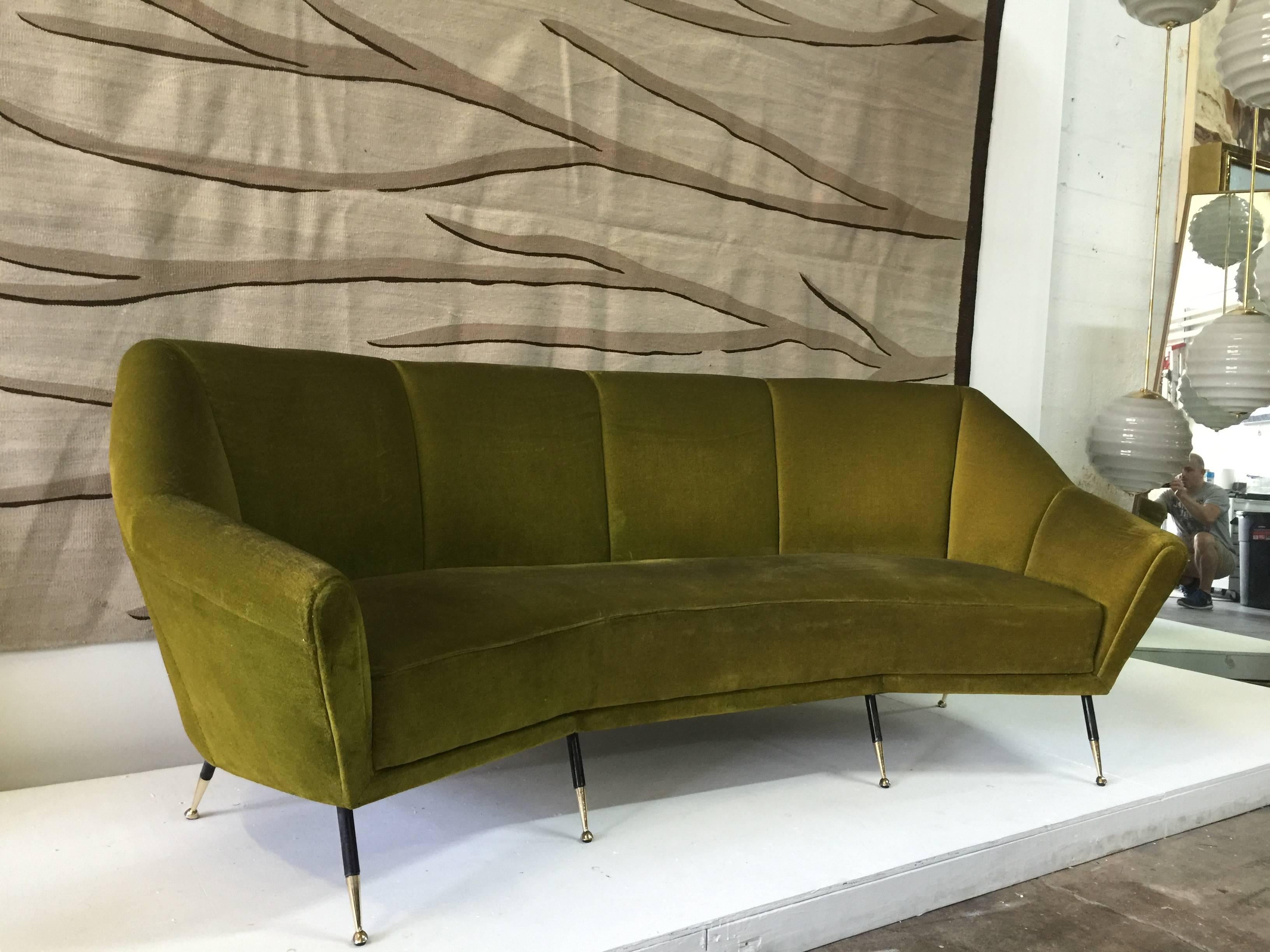 Vintage Green Velvet Geometrical-Shaped Italian Sofa 1