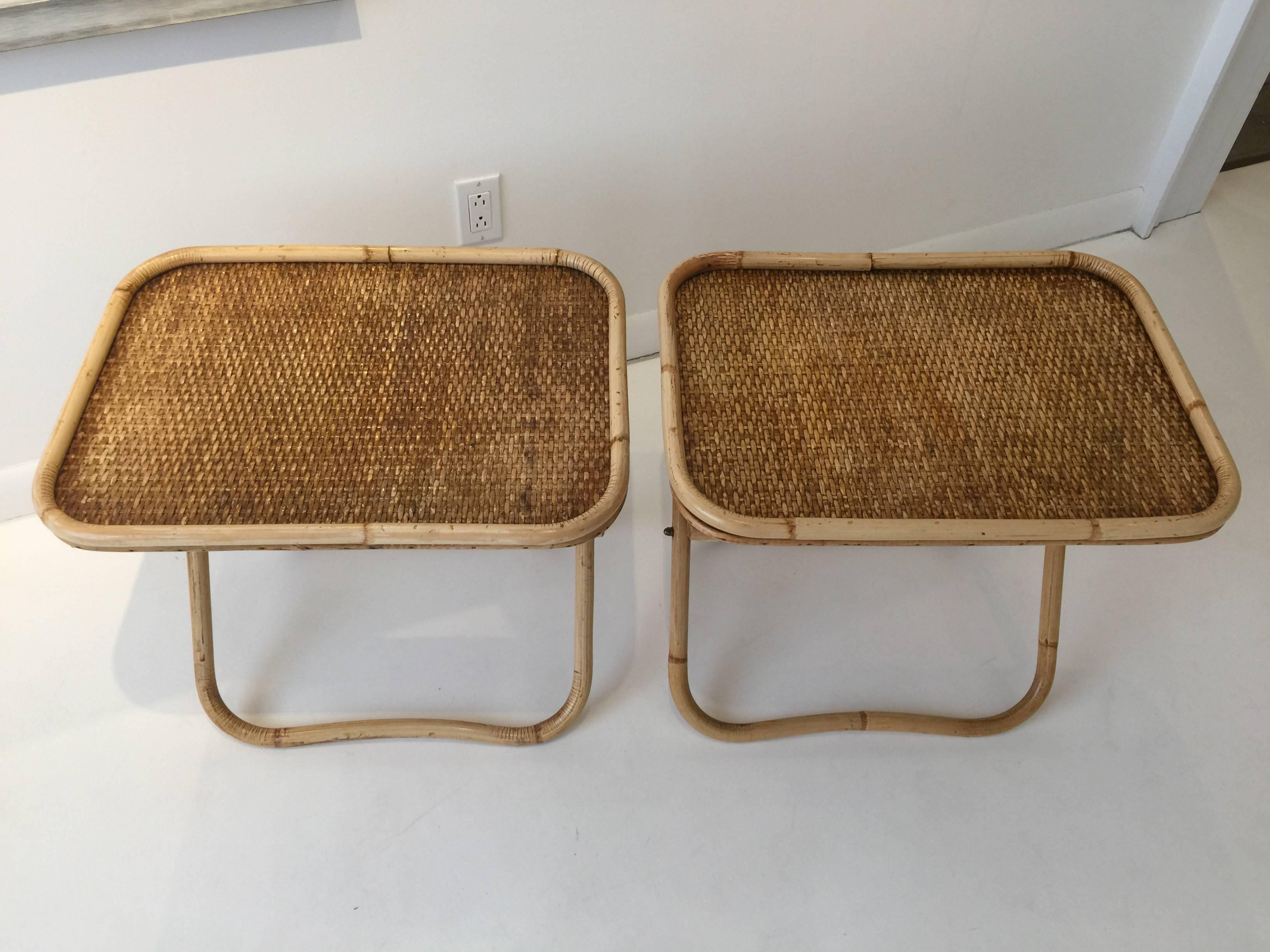 Collapsible side tables in wicker and rattan, designed by Gabriella Crespi in 1970s and sold exclusively through her boutiques. Crespi stopped designing after ten years of a successful furniture design career to become a Buddhist monk. Brass tag on