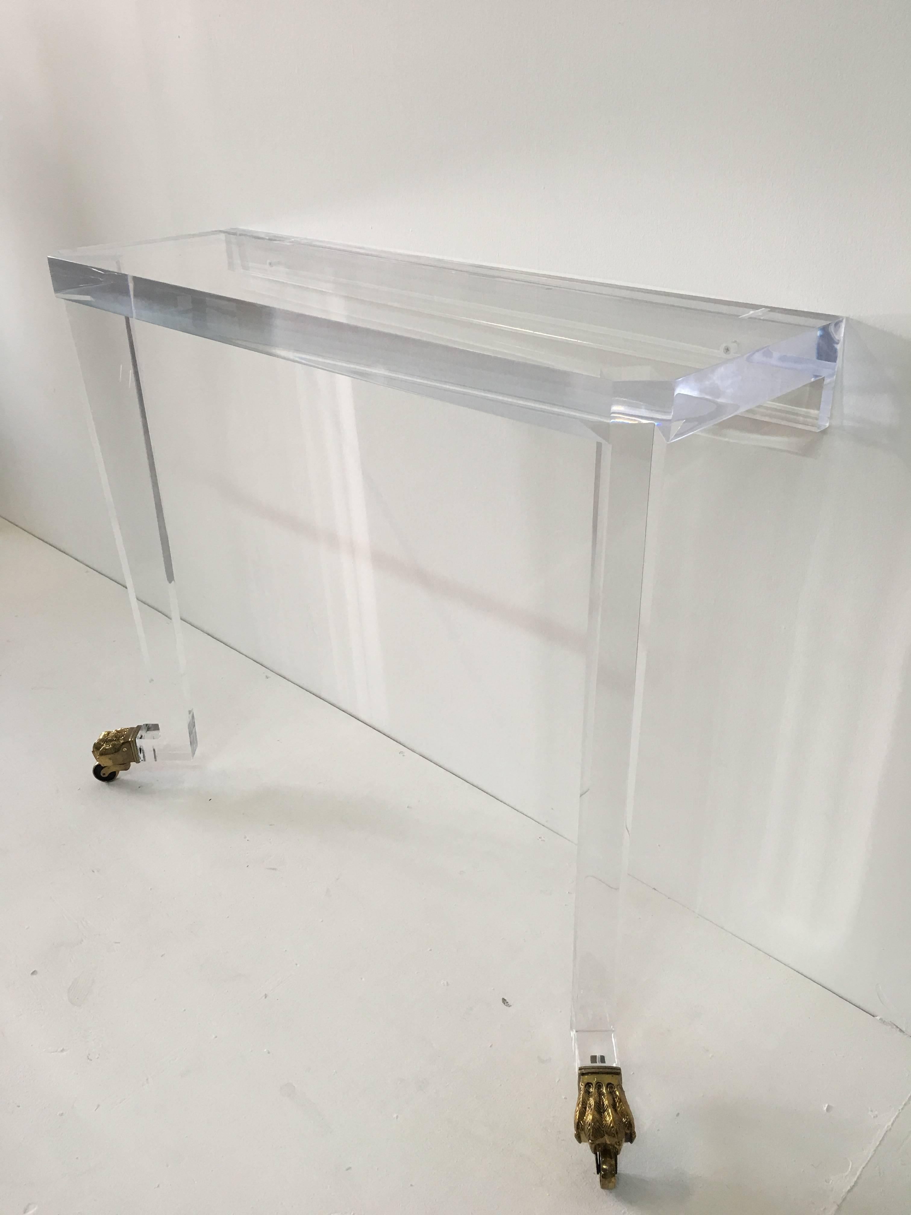 American Marvelous Thick Lucite Lions Feet Console Table