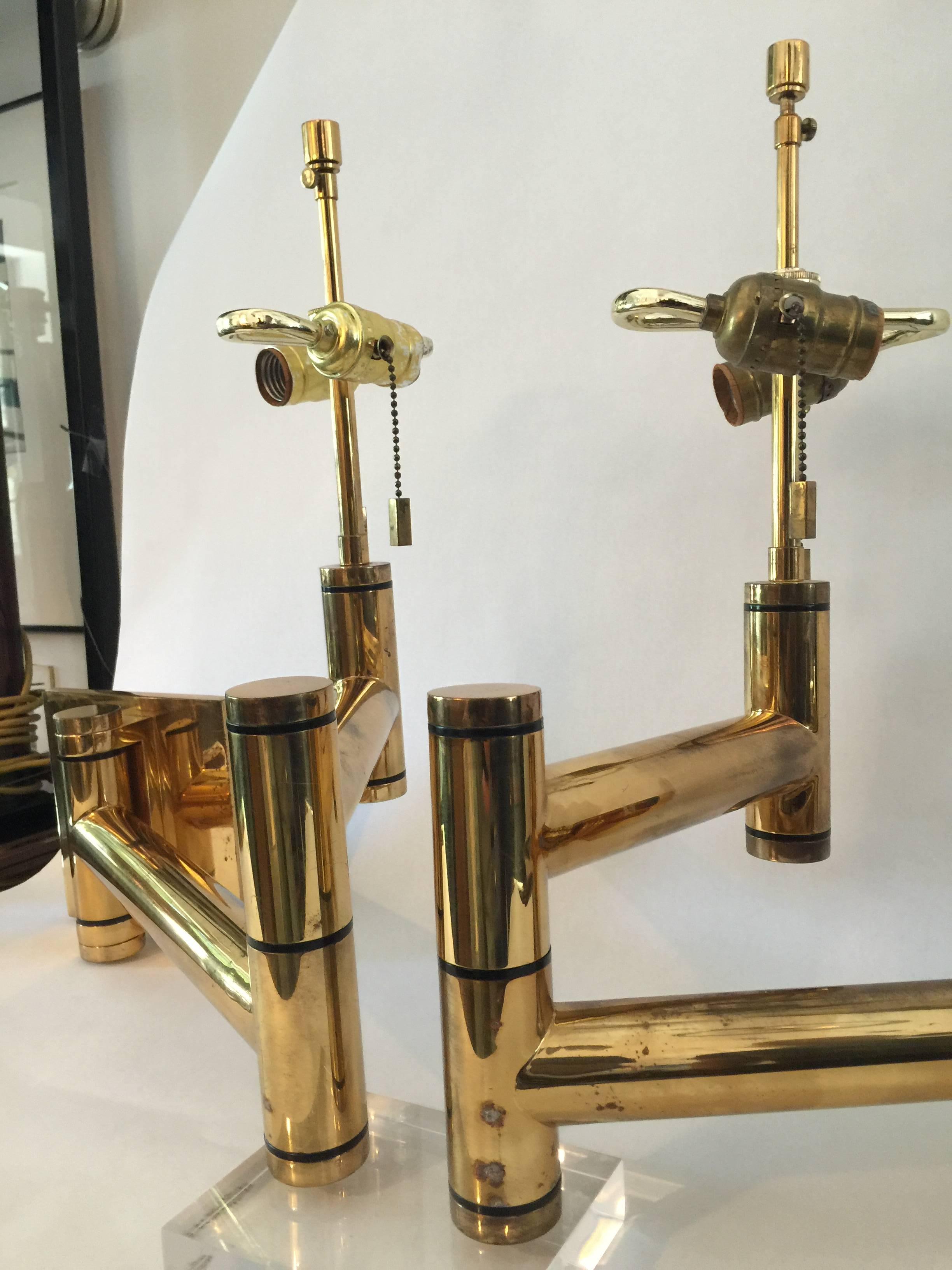 Late 20th Century Pair of Karl Springer Swing Arm Wall Lamps in Heavy Brass