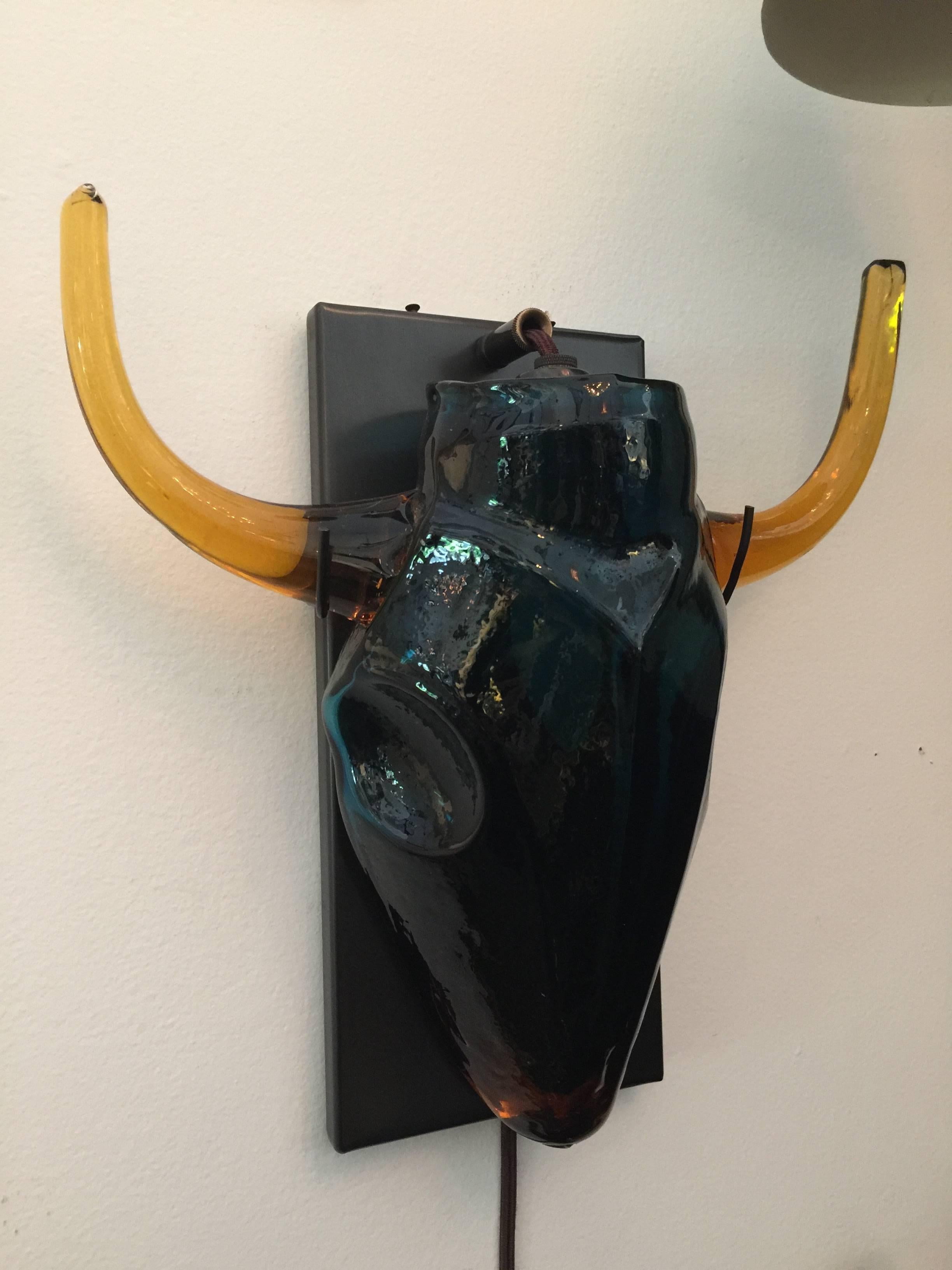 Picasso Inspired Glass Steer Skull Head Wall Sconce In Good Condition For Sale In East Hampton, NY
